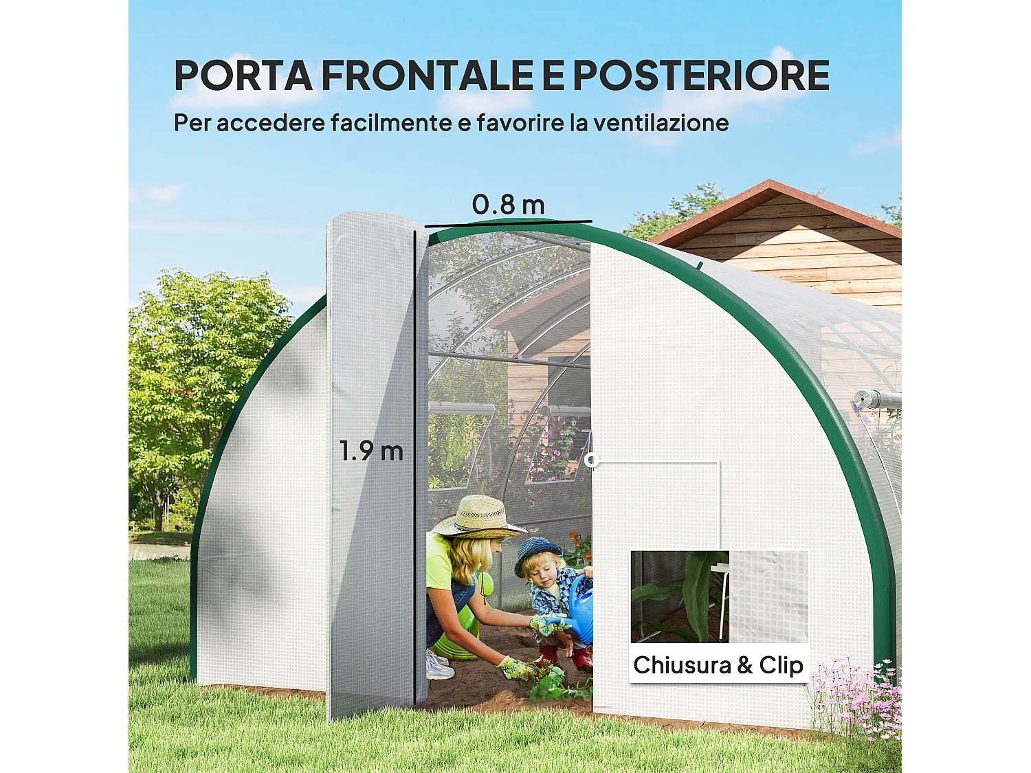 Serra a tunnel 6x3m con 2 porte a cerniera e 8 finestre bianco e verde