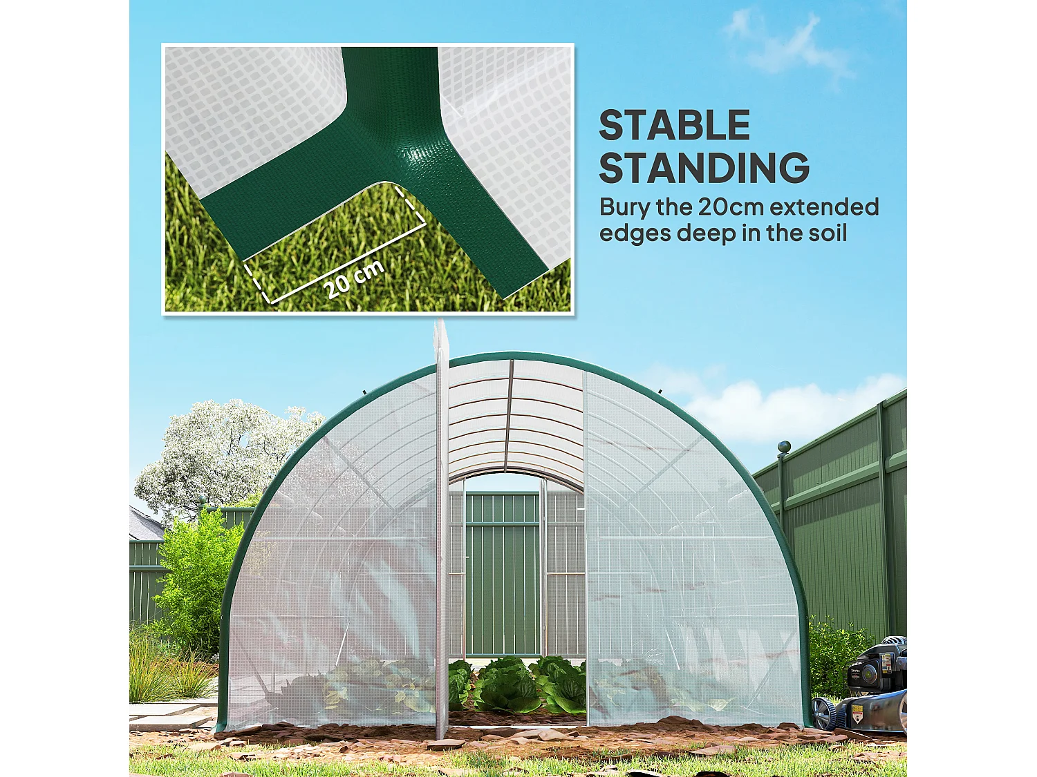 Serra a tunnel 6x3m con 2 porte a cerniera e 8 finestre bianco e verde