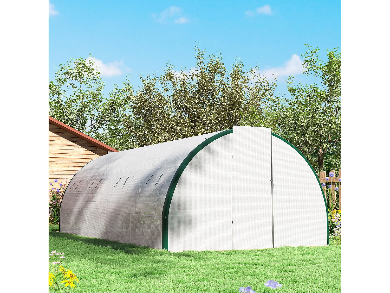 Serra a tunnel 6x3m con 2 porte a cerniera e 8 finestre bianco e verde