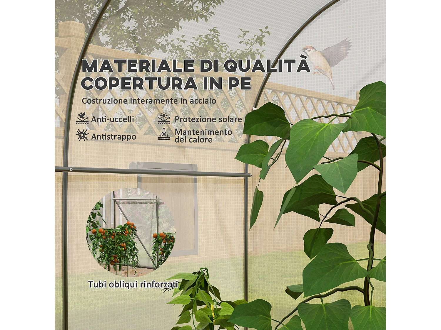 Serra a tunnel con 6 finestrelle e porta a rullo in acciaio pe bianco