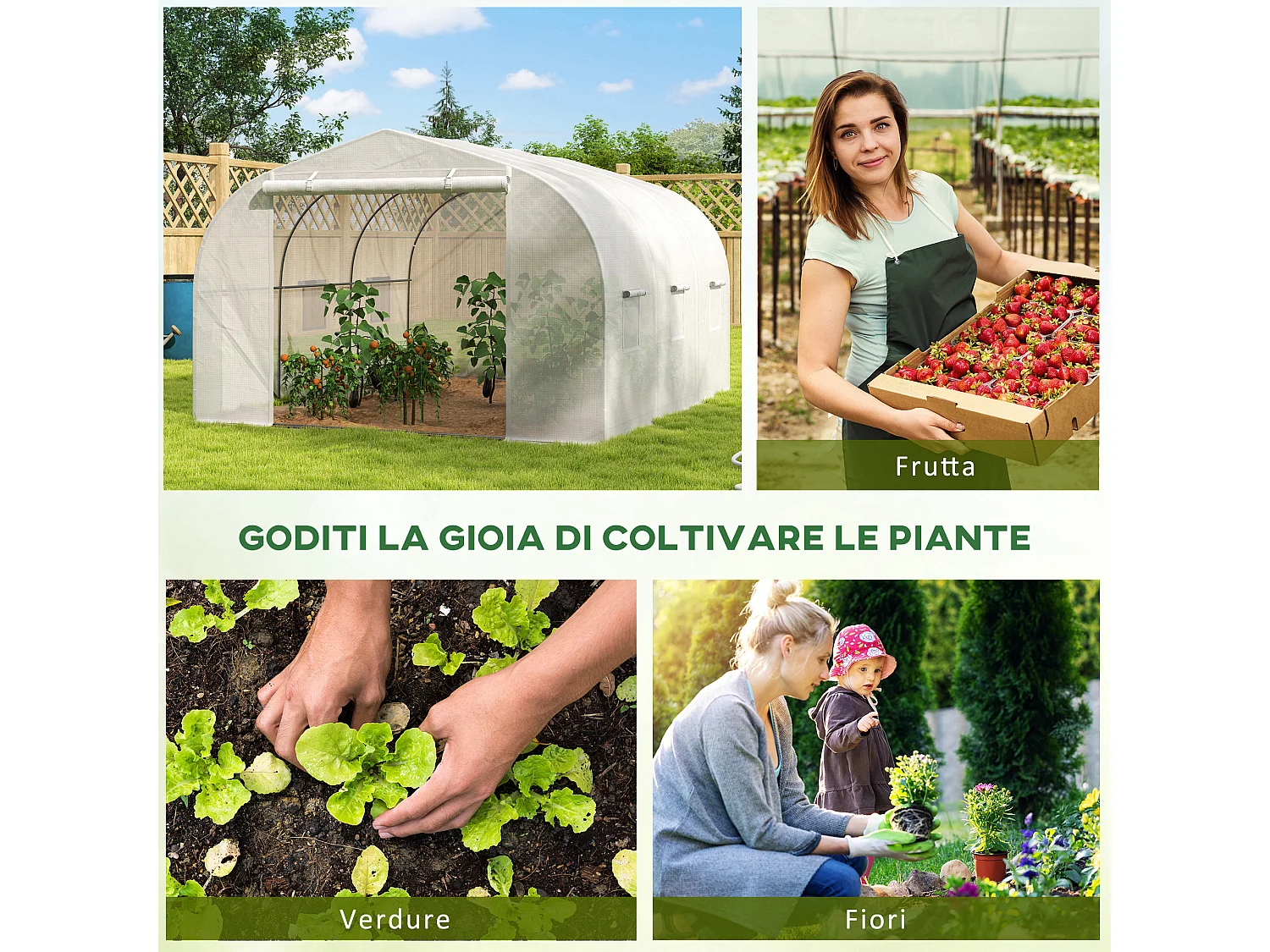 Serra a tunnel con 6 finestrelle e porta a rullo in acciaio pe bianco