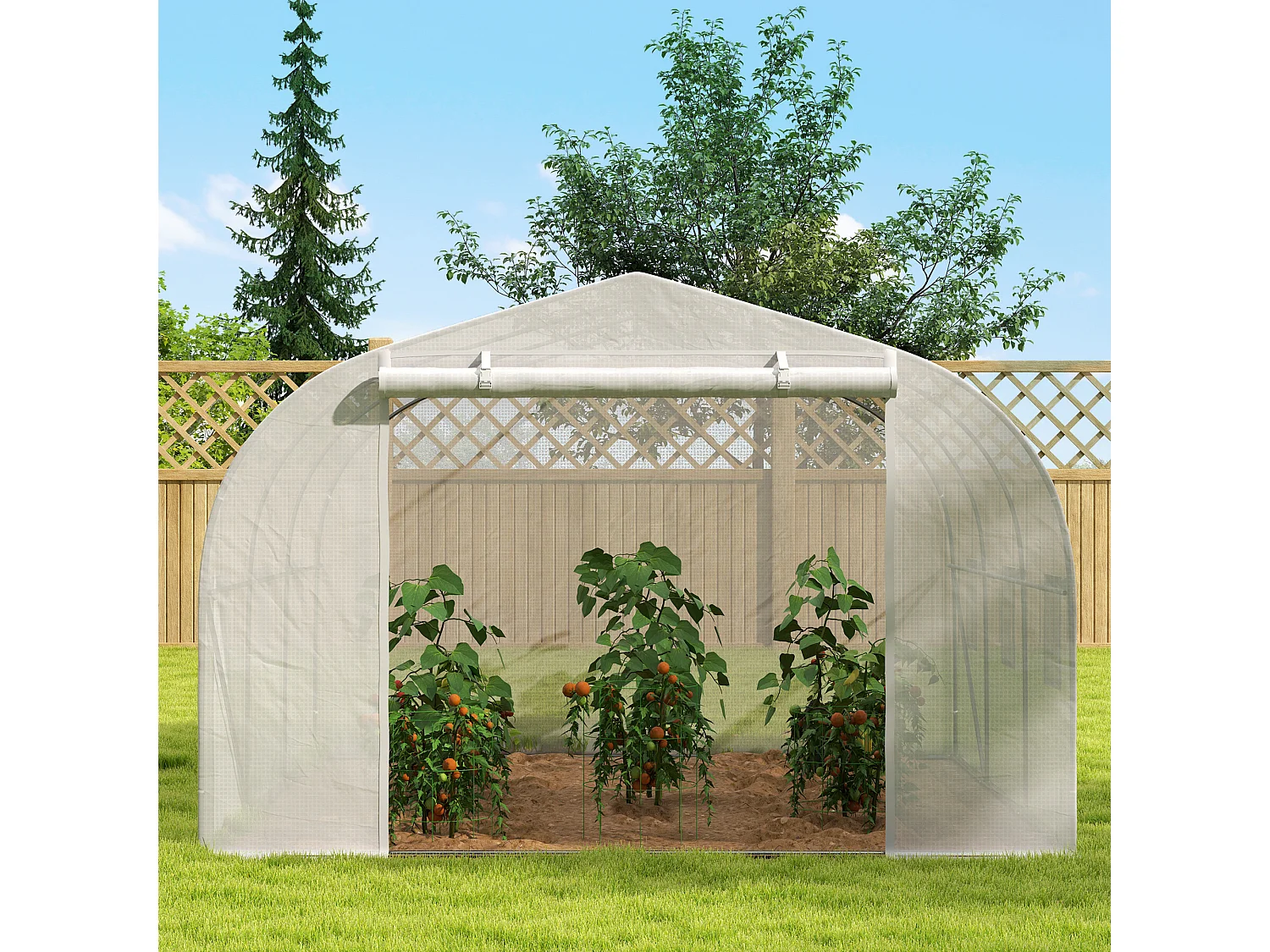 Serra a tunnel con 6 finestrelle e porta a rullo in acciaio pe bianco