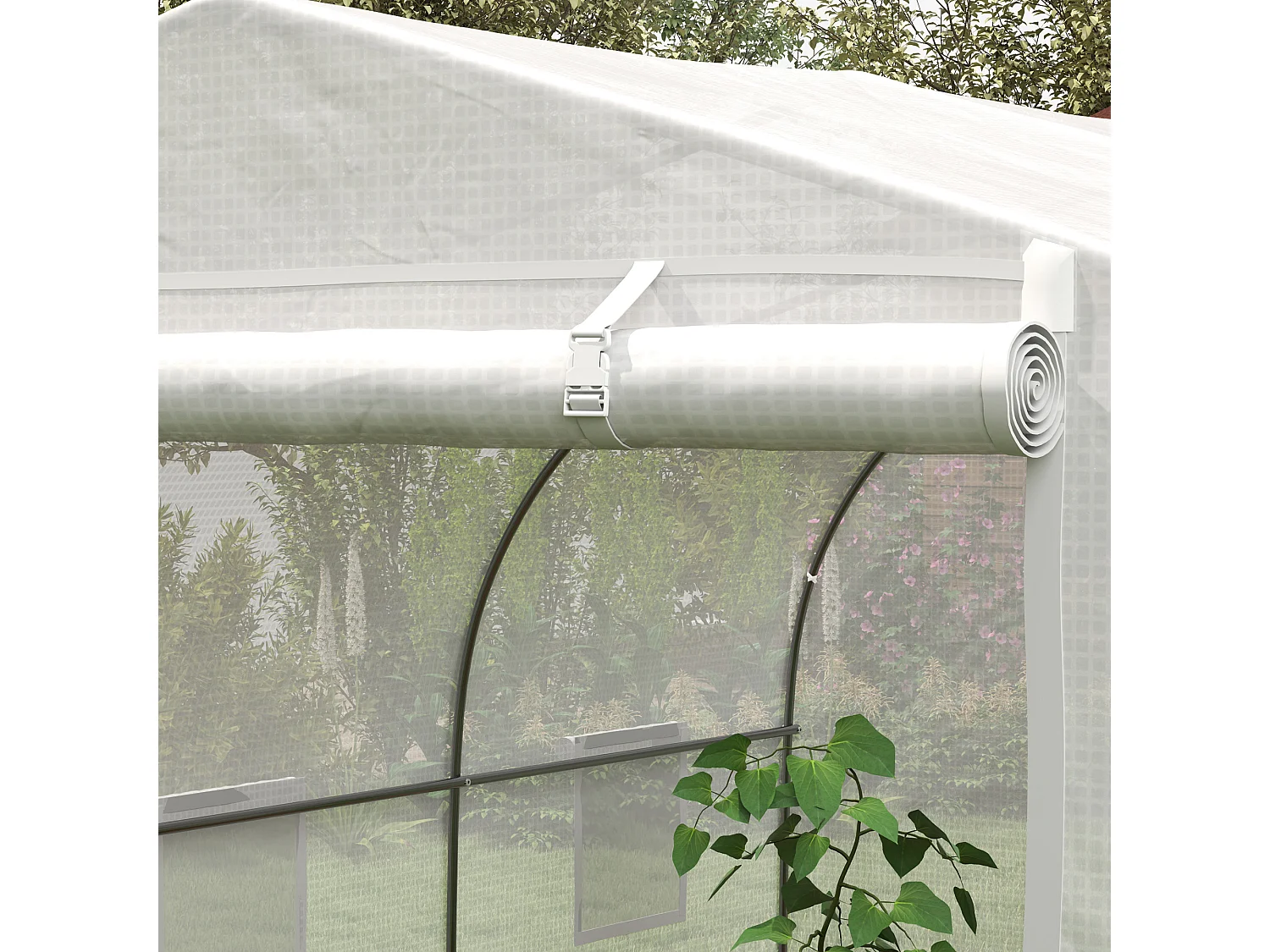 Serra a tunnel con 6 finestrelle e porta a rullo in acciaio pe bianco