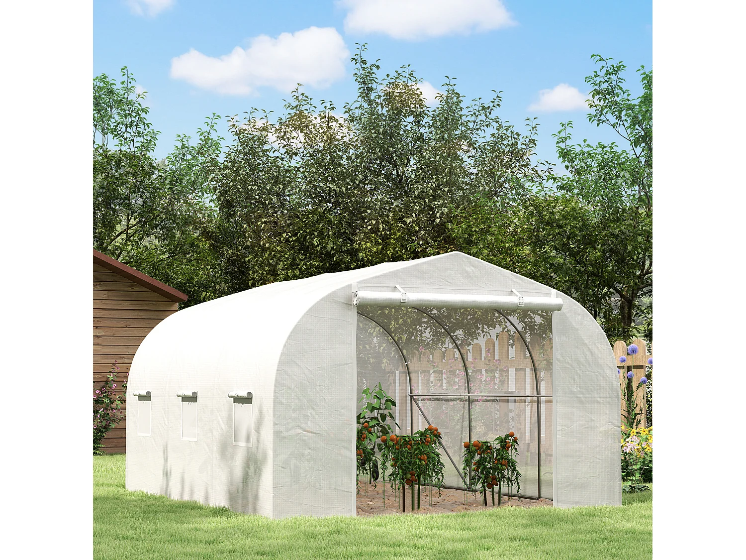 Serra a tunnel con 6 finestrelle e porta a rullo in acciaio pe bianco