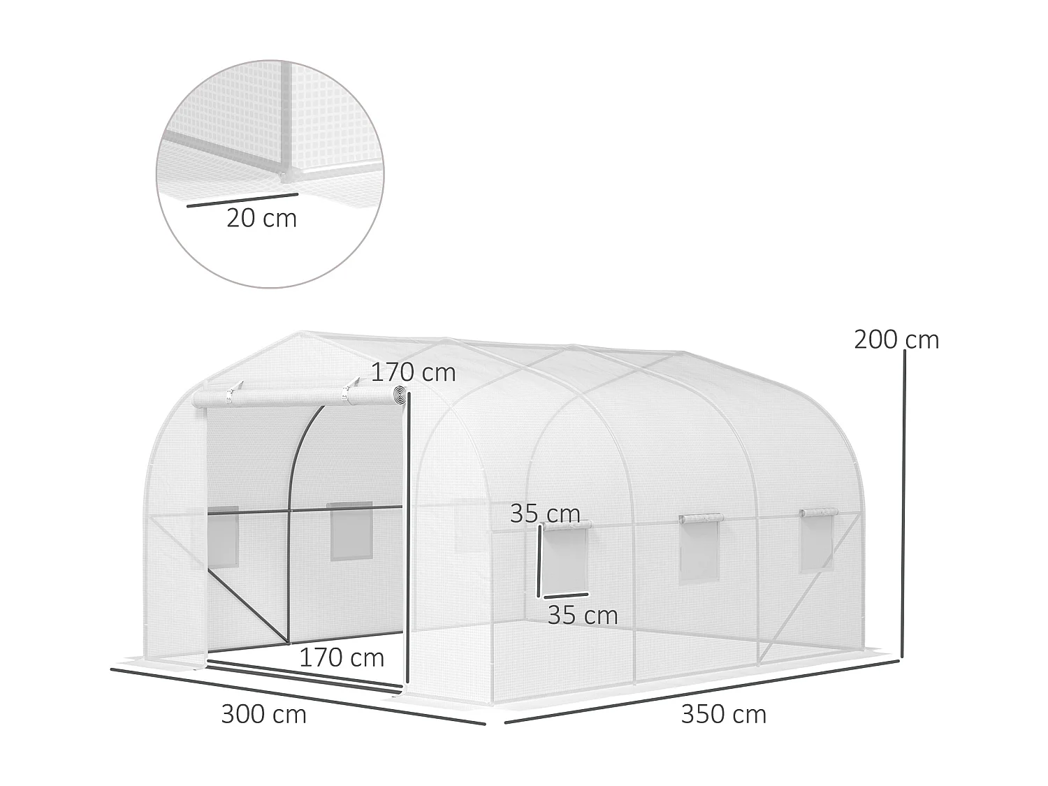 Serra a tunnel con 6 finestrelle e porta a rullo in acciaio pe bianco