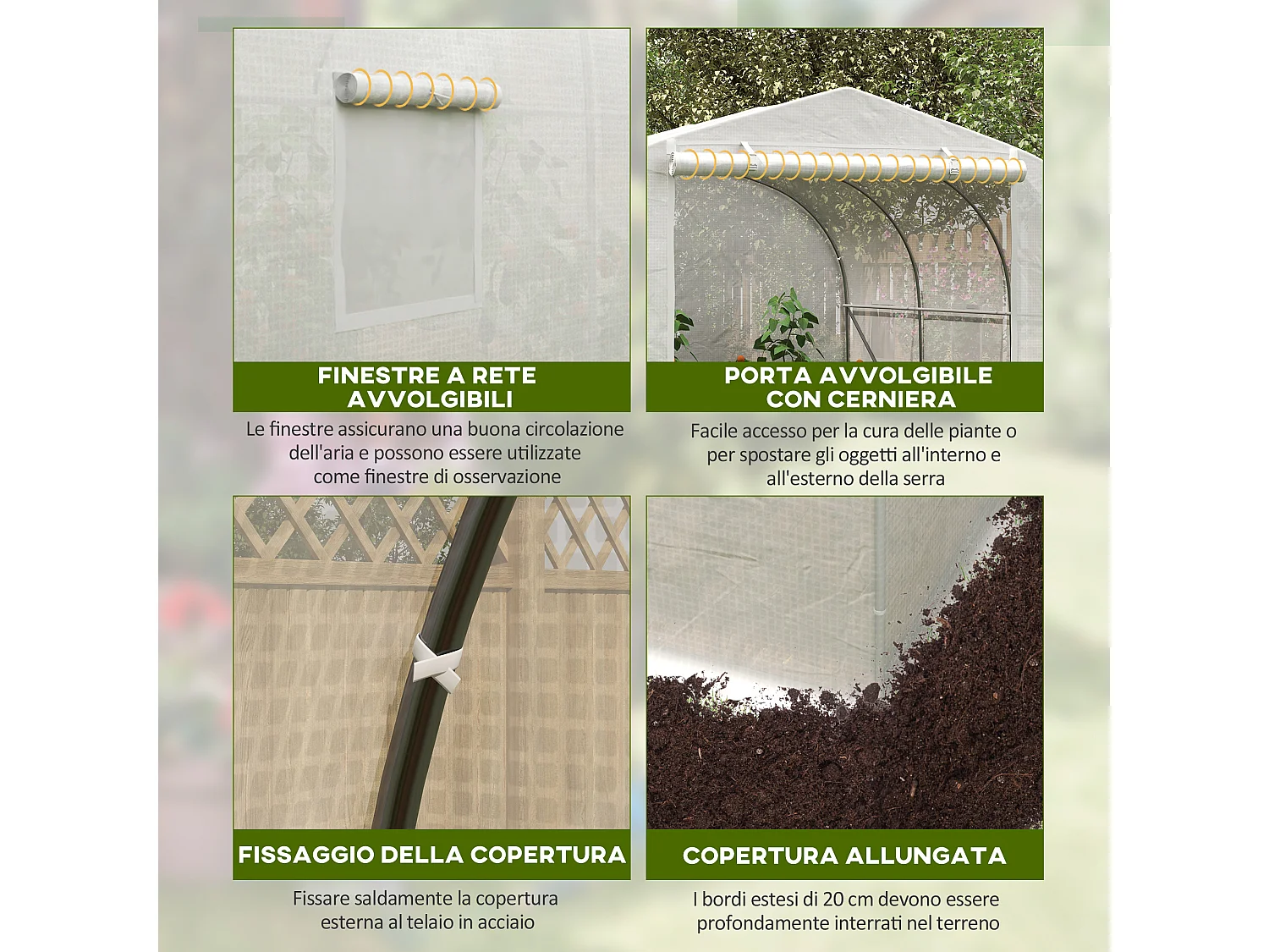 Serra a tunnel con 6 finestrelle e porta a rullo in acciaio pe bianco