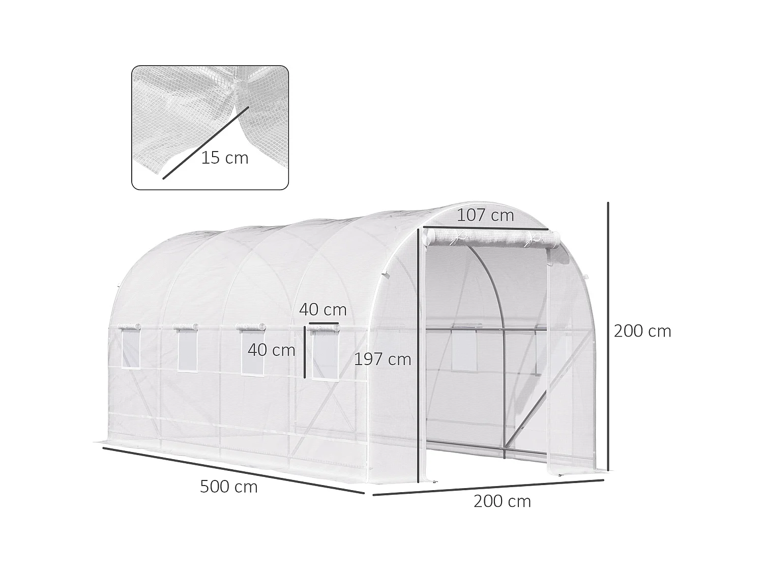 Serra da giardino a tunnel 5x2x2m in metallo e pe bianco
