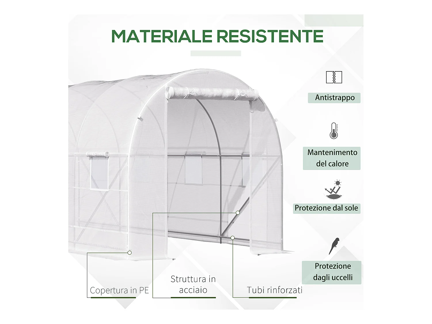 Serra da giardino a tunnel 5x2x2m in metallo e pe bianco