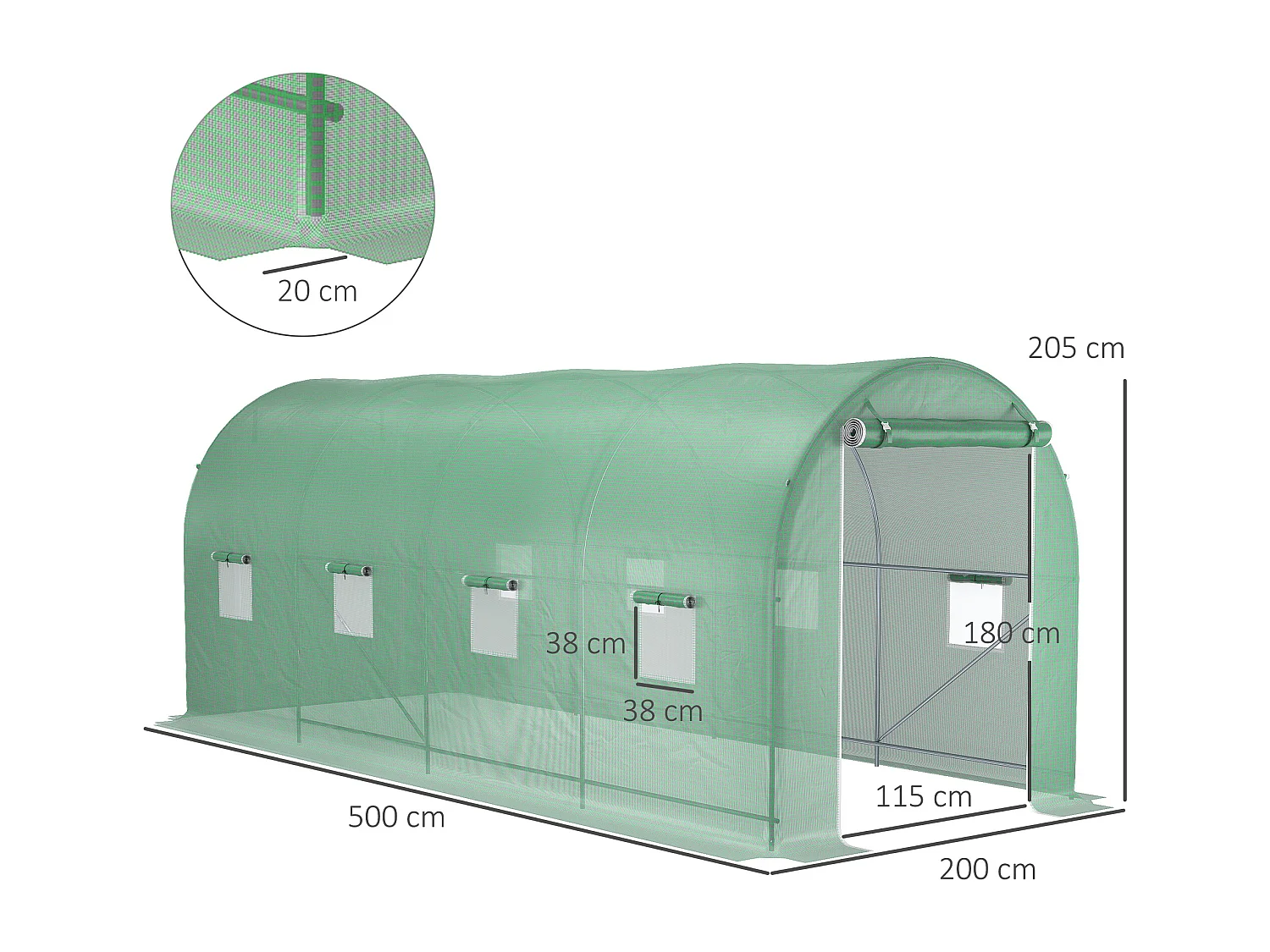 Serra a tunnel 5x2x2m con 8 finestre e porta avvolgibile