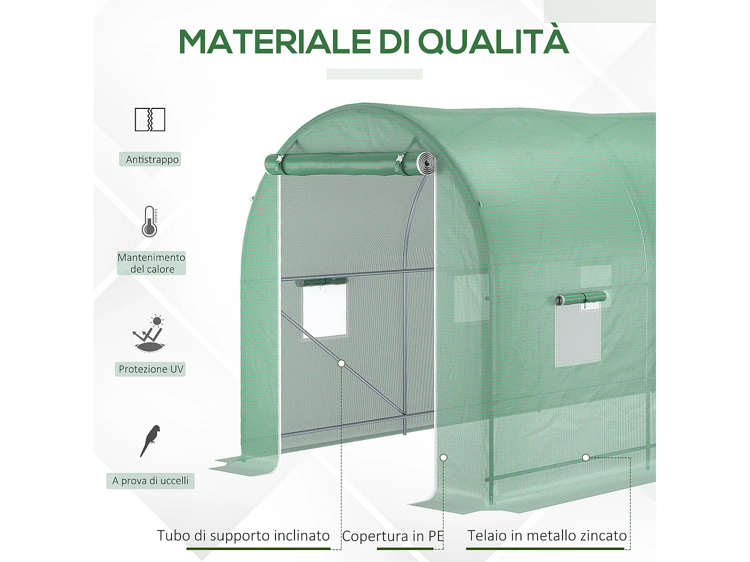 Serra a tunnel 5x2x2m con 8 finestre e porta avvolgibile