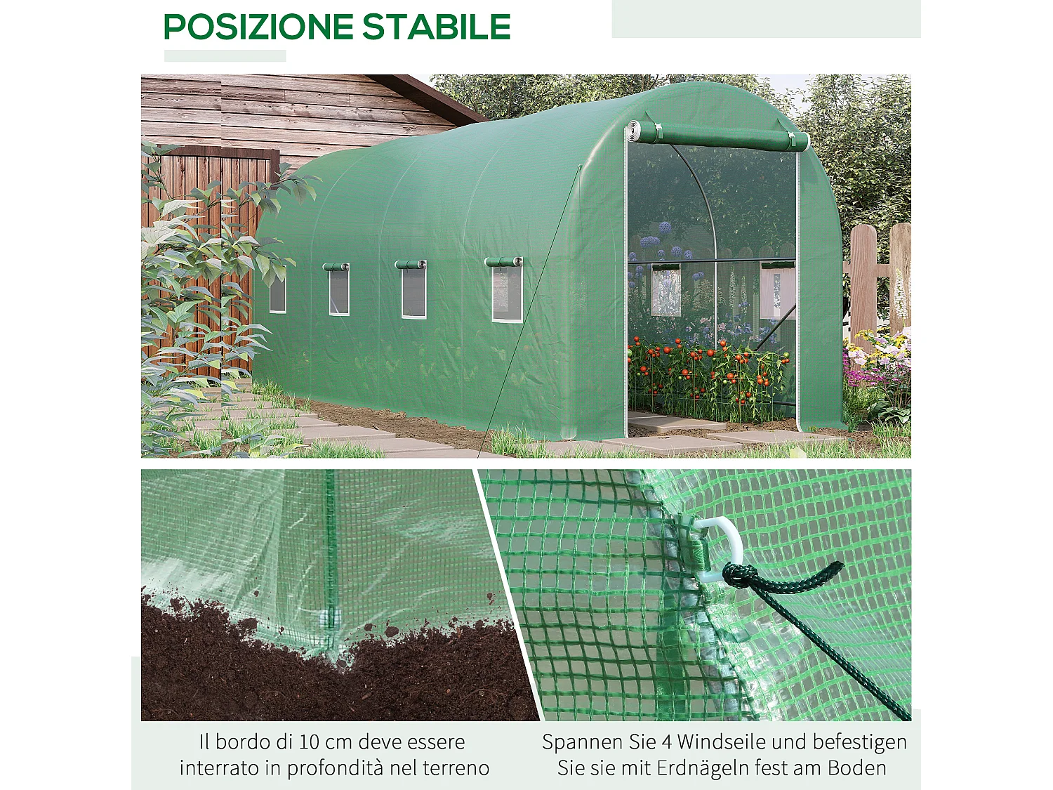 Serra a tunnel 5x2x2m con 8 finestre e porta avvolgibile