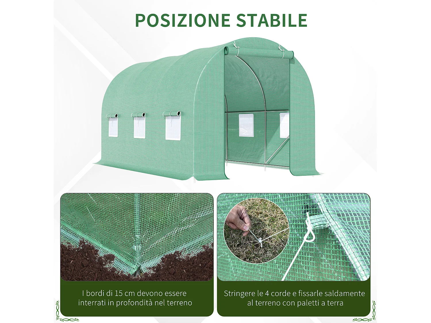 Serra a tunnel 4.5x2x2 m con picchetti e funi incluse verde