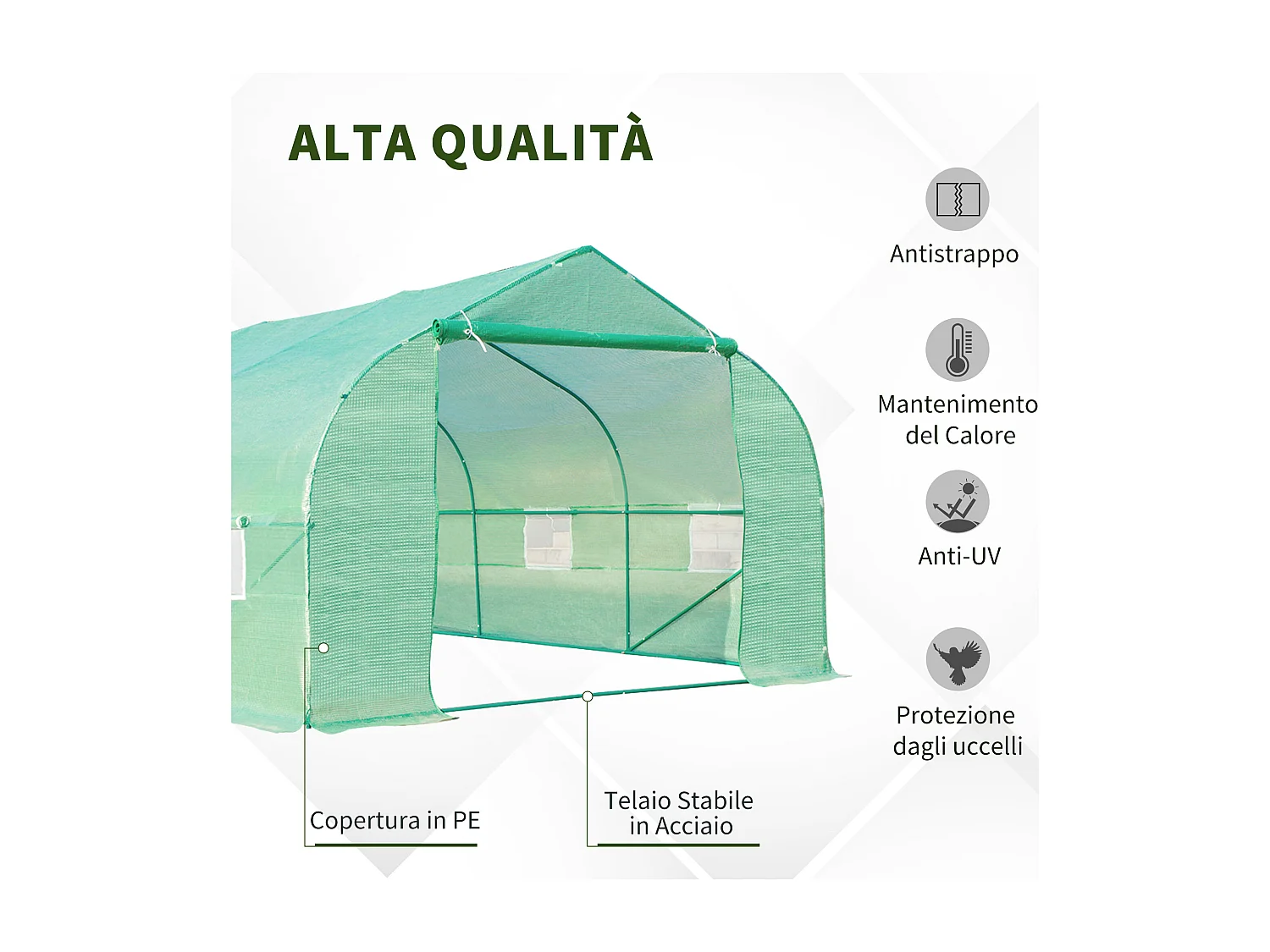Serra a tunnel con 8 finestre laterali e ingresso avvolgibile verde