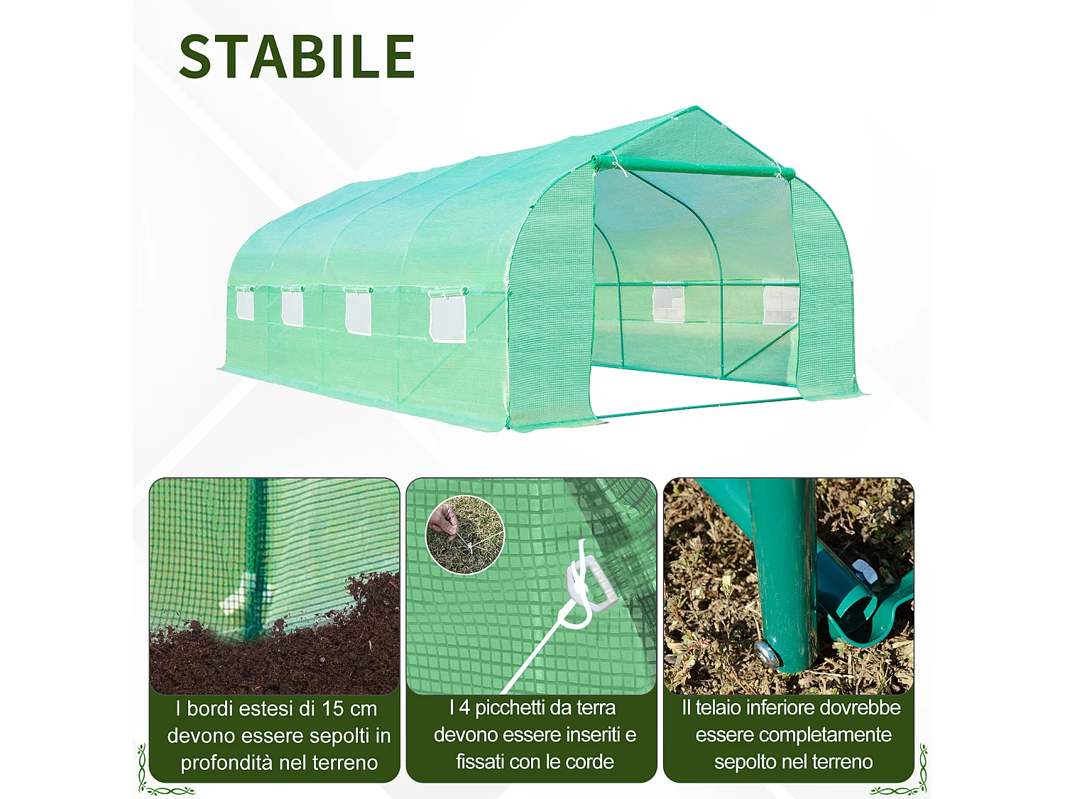 Serra a tunnel con 8 finestre laterali e ingresso avvolgibile verde