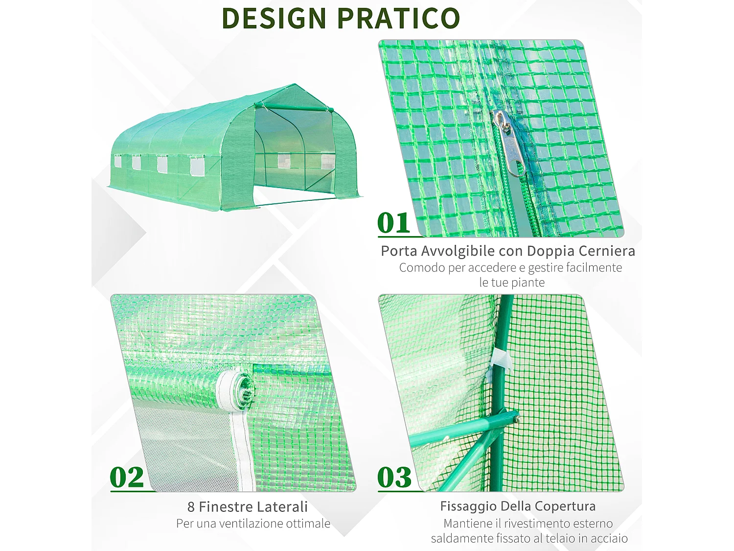 Serra a tunnel con 8 finestre laterali e ingresso avvolgibile verde