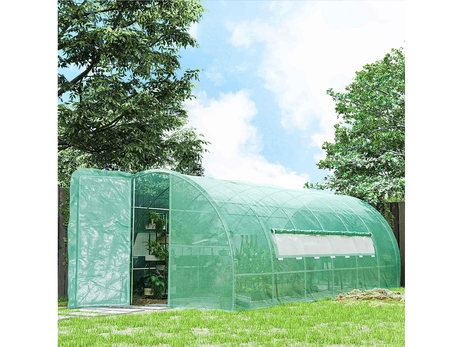 Serra da giardino a tunnel con 2 finestre in pe e tubi di ferro verde