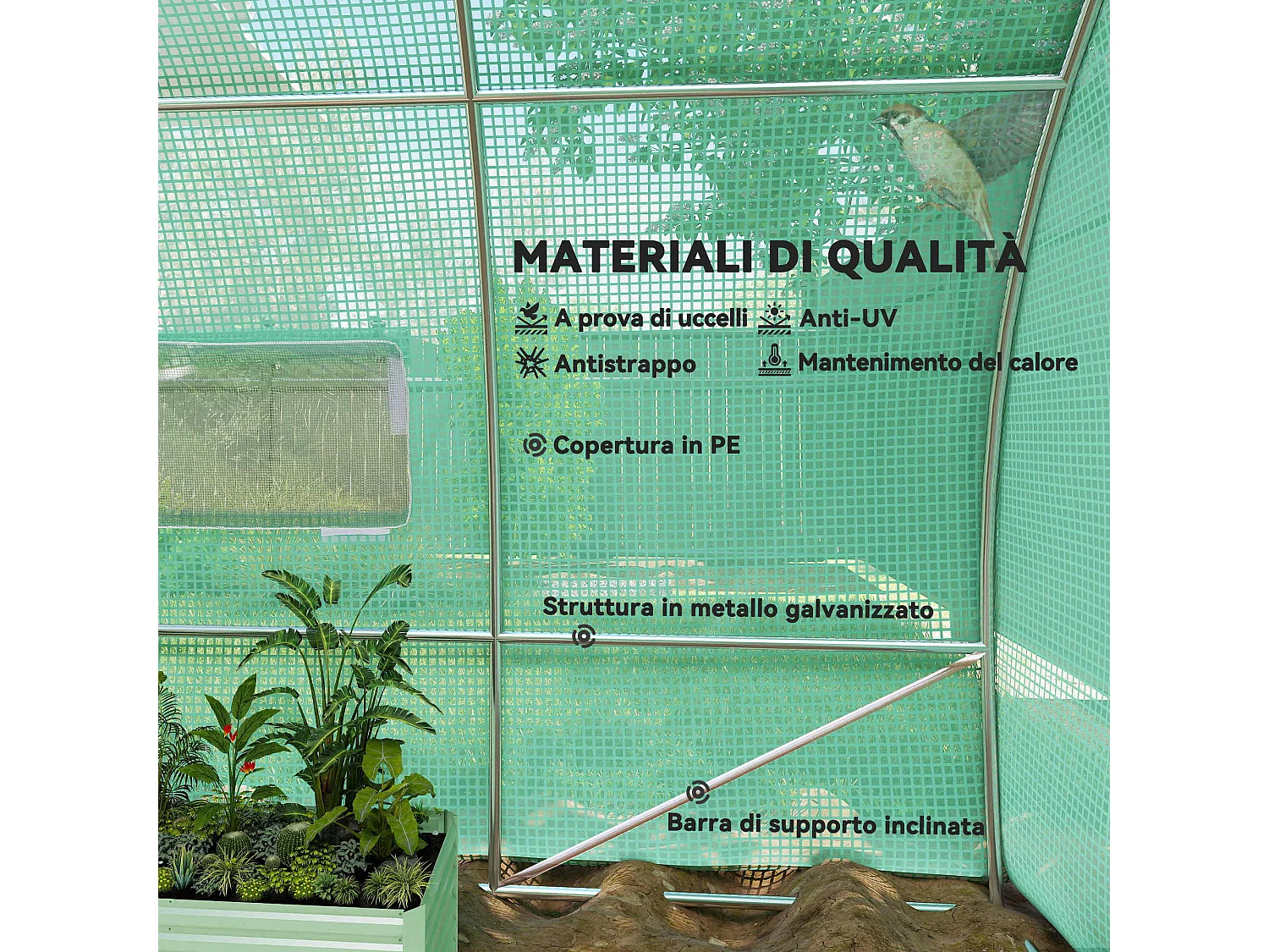 Serra da giardino a tunnel con 2 finestre in pe e tubi di ferro verde