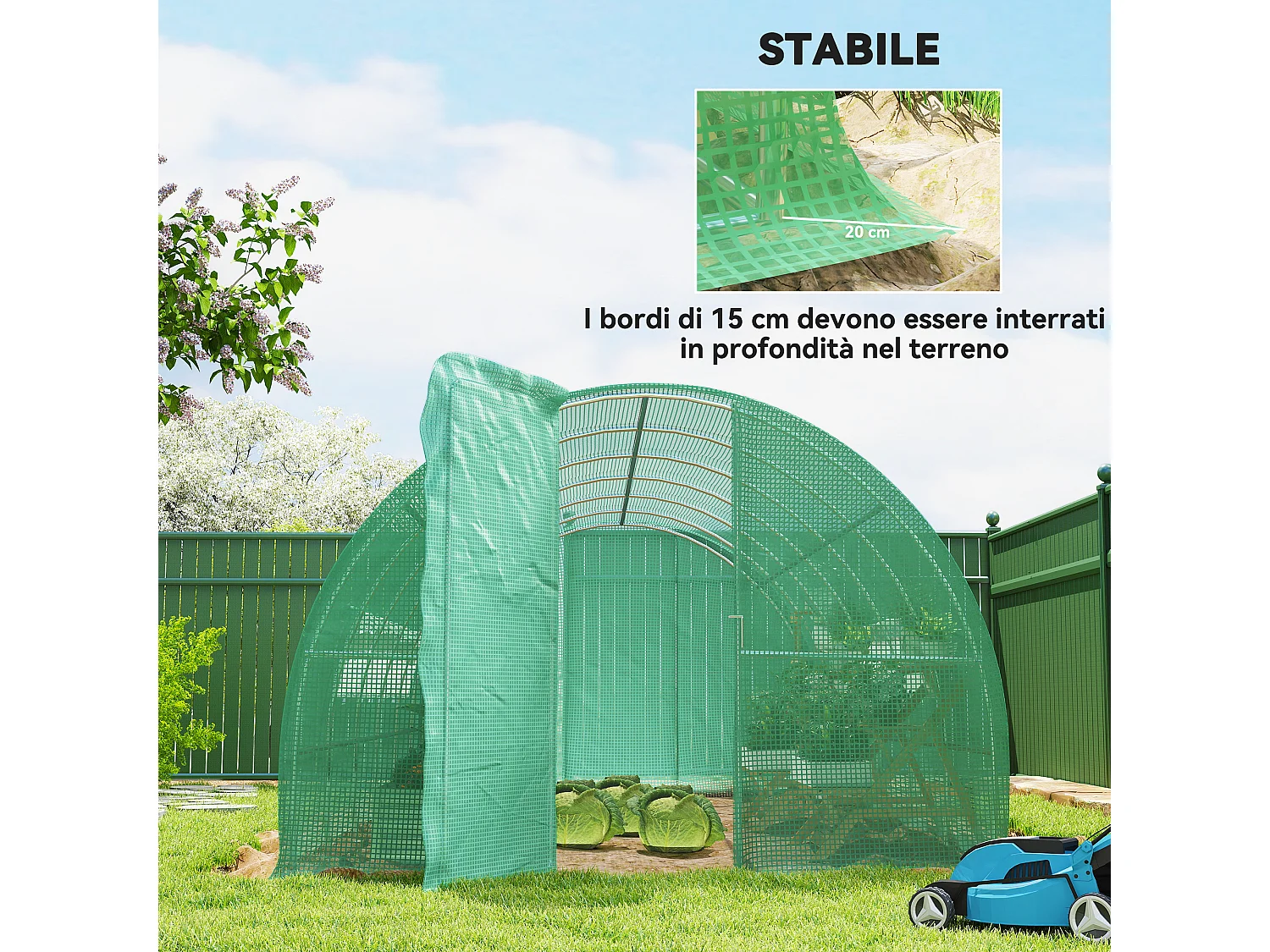 Serra da giardino a tunnel con 2 finestre in pe e tubi di ferro verde