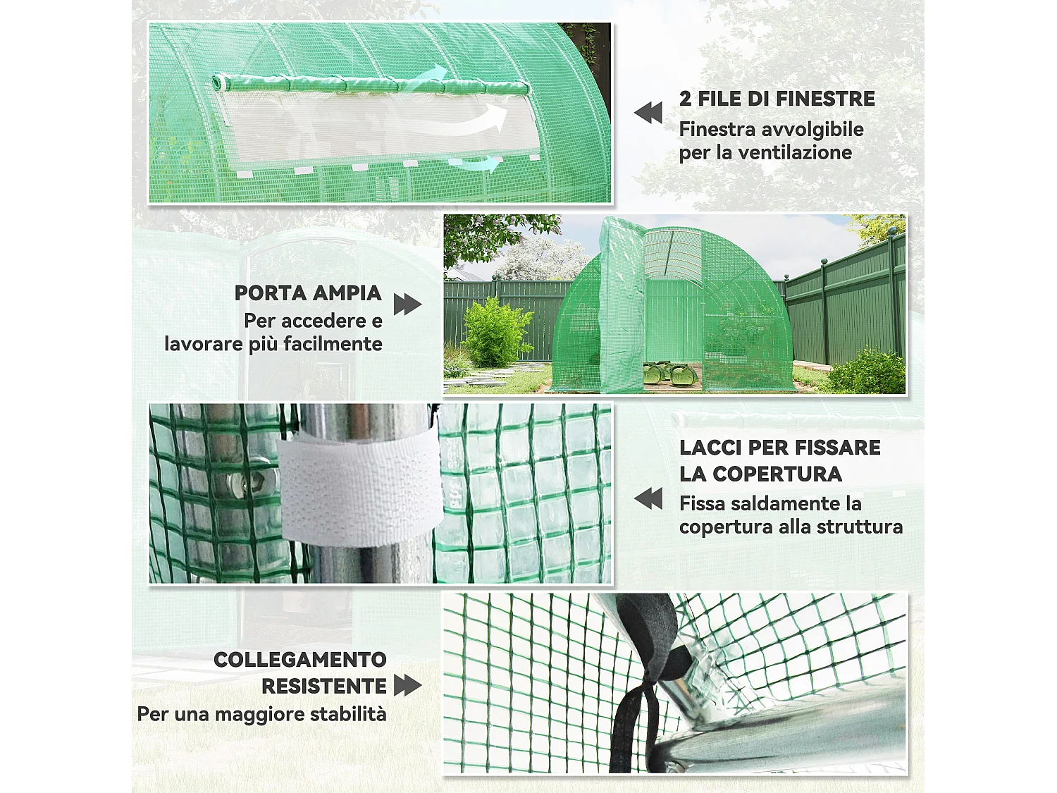 Serra da giardino a tunnel con 2 finestre in pe e tubi di ferro verde