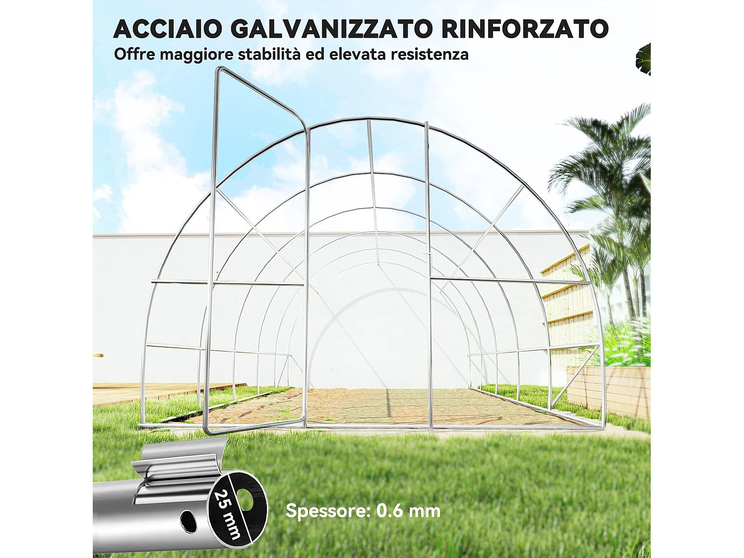 Serra da giardino a tunnel con 2 finestre in pe e tubi di ferro verde