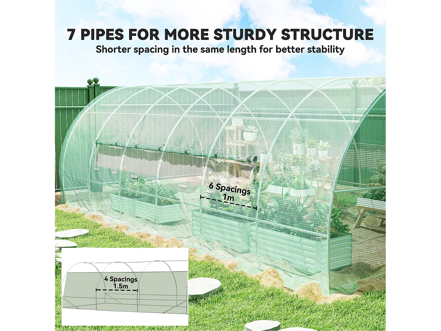 Serra da giardino a tunnel con 2 finestre in pe e tubi di ferro verde