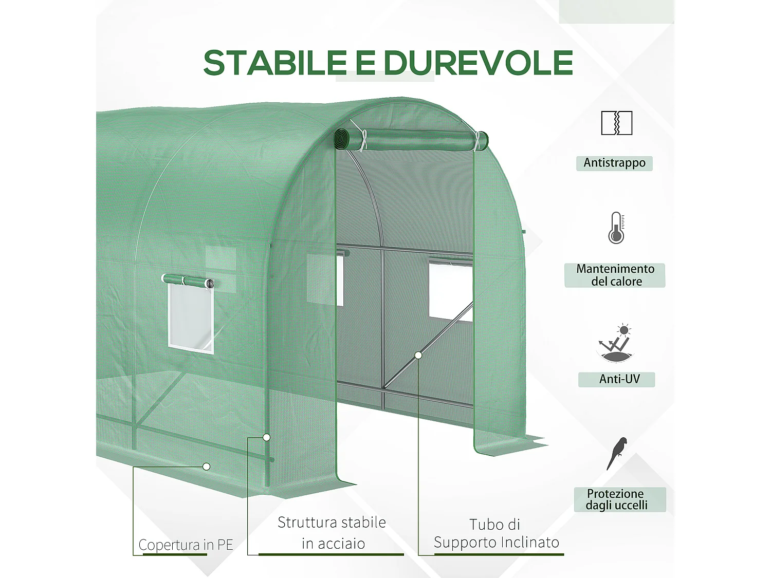 Serra per orto a tunnel 3.5x2x2m 6 finestre e porta con zip