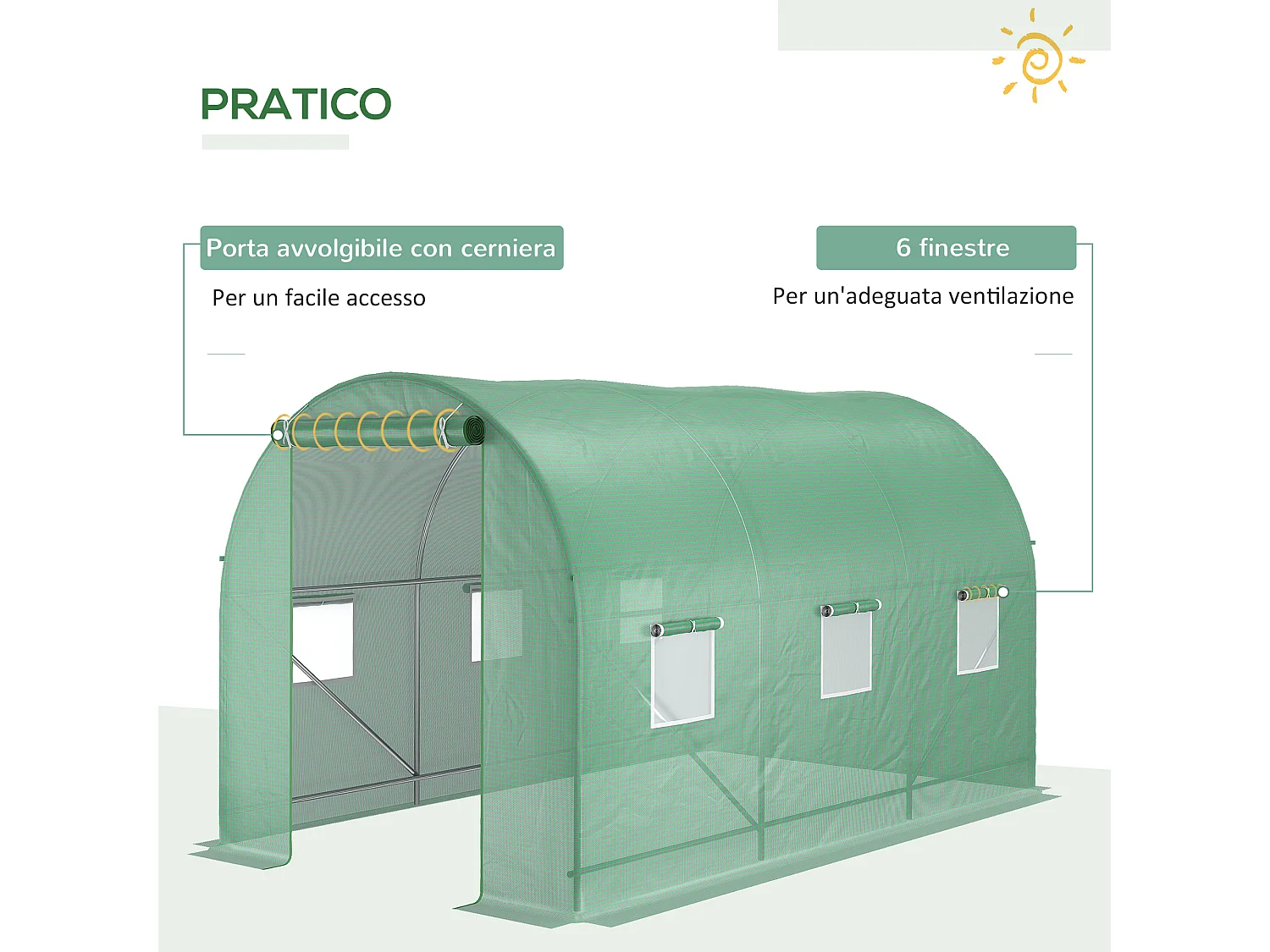 Serra per orto a tunnel 3.5x2x2m 6 finestre e porta con zip
