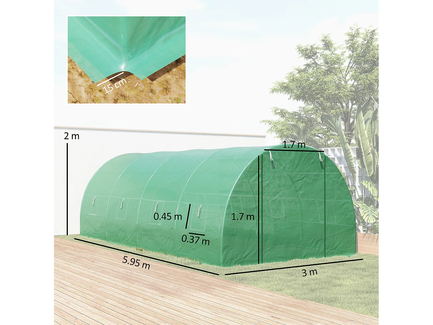Serra a tunnel in acciaio e pe con 8 finestre 5.95x3x2 m verde