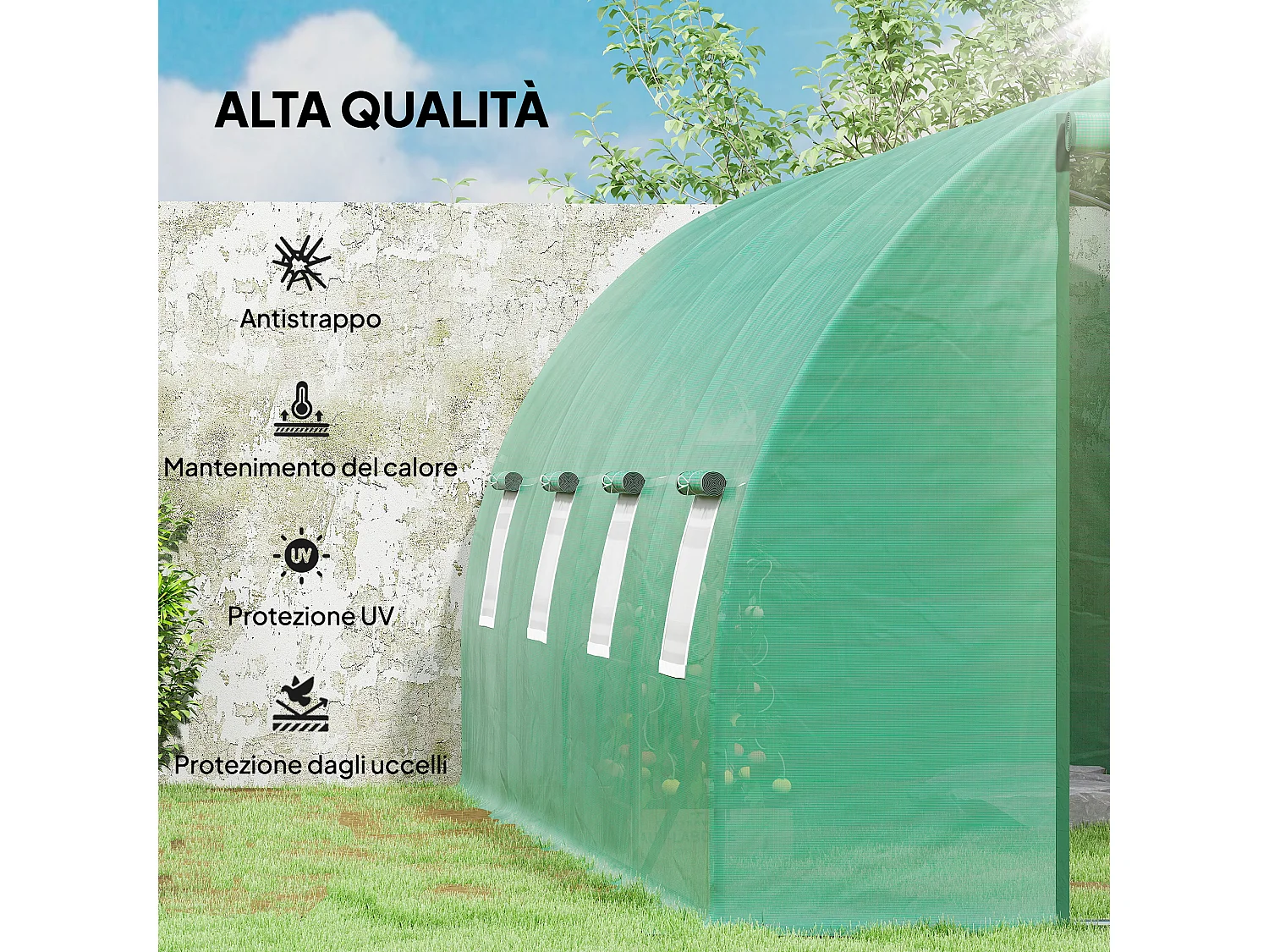 Serra a tunnel in acciaio e pe con 8 finestre 5.95x3x2 m verde