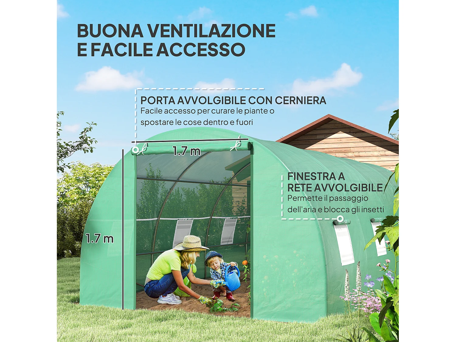 Serra a tunnel in acciaio e pe con 8 finestre 5.95x3x2 m verde