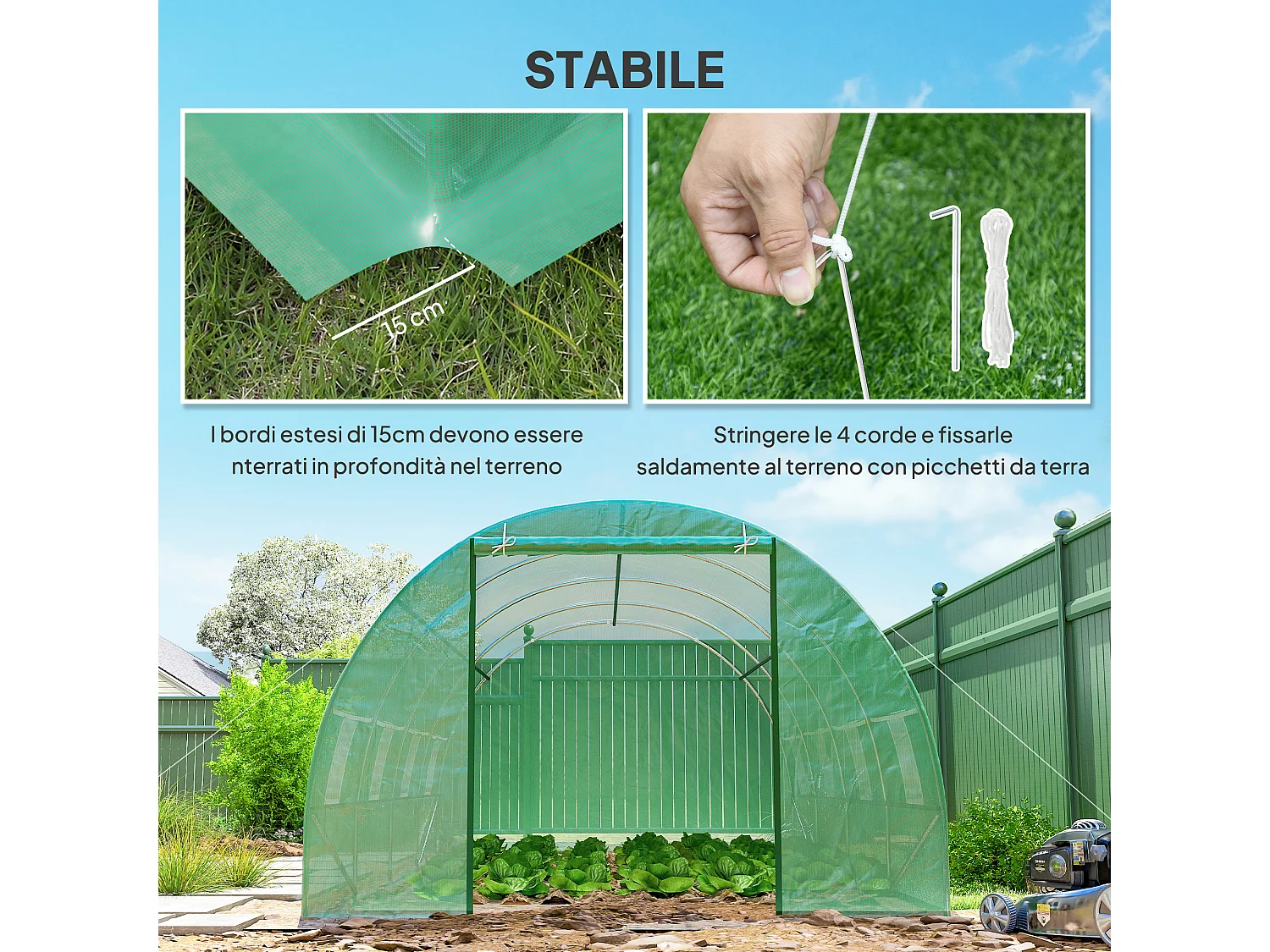 Serra a tunnel in acciaio e pe con 8 finestre 5.95x3x2 m verde