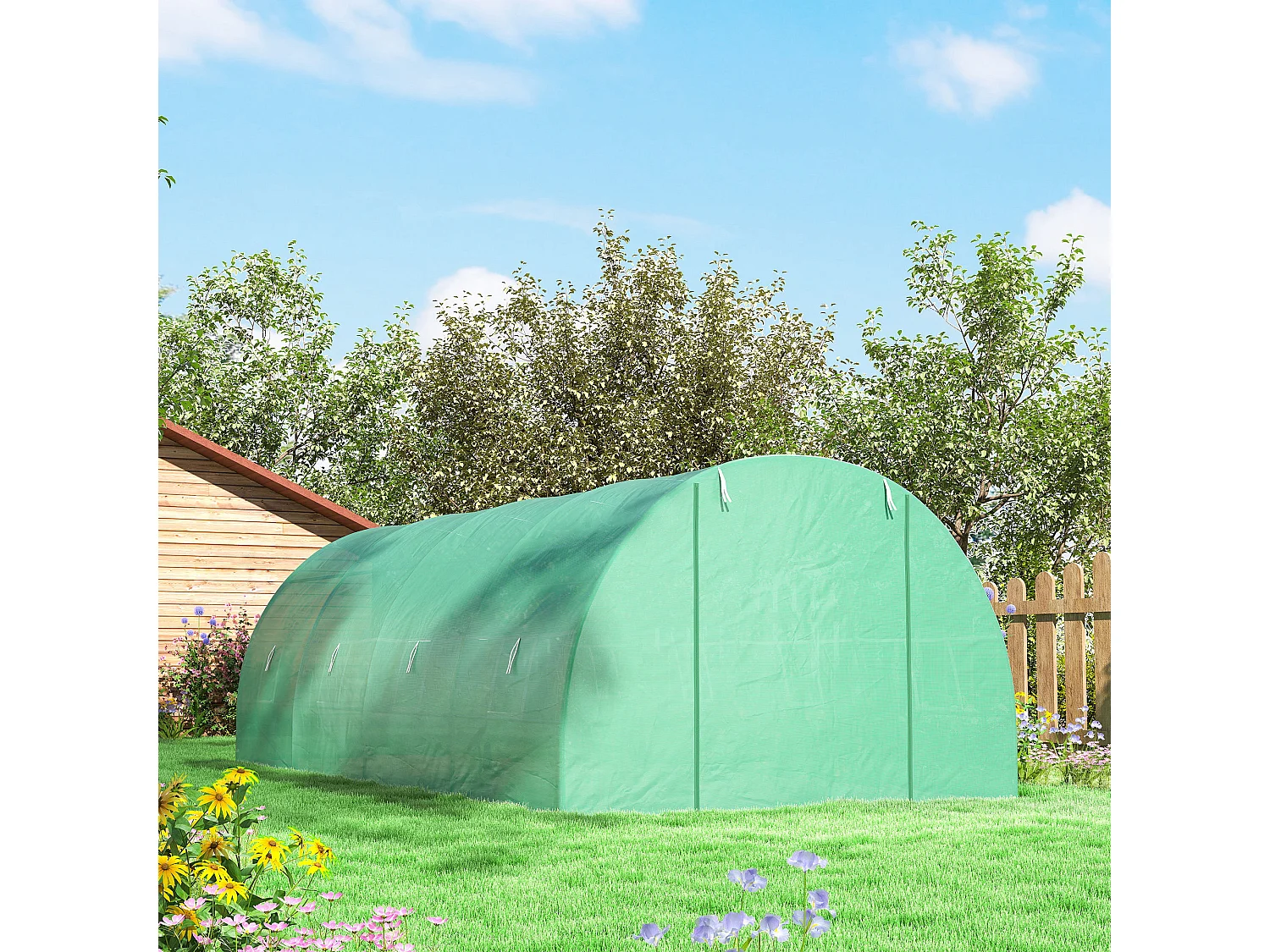 Serra a tunnel in acciaio e pe con 8 finestre 5.95x3x2 m verde