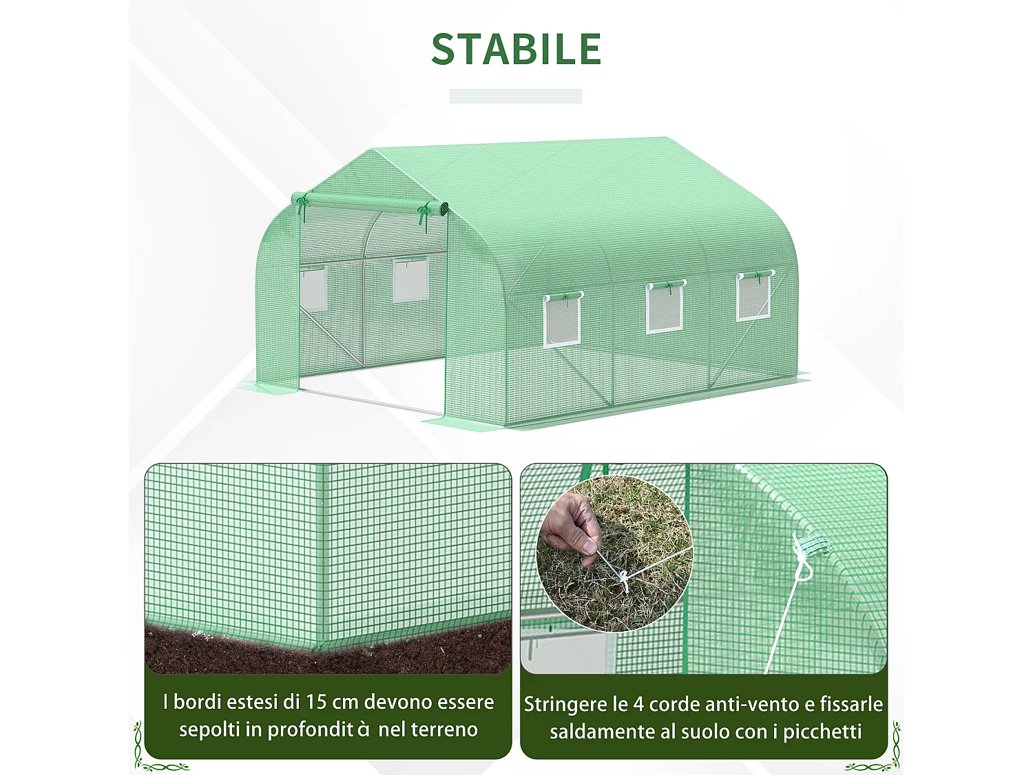 Serra per orto 3.5x3x2m con 6 finestre e porta avvolgibile