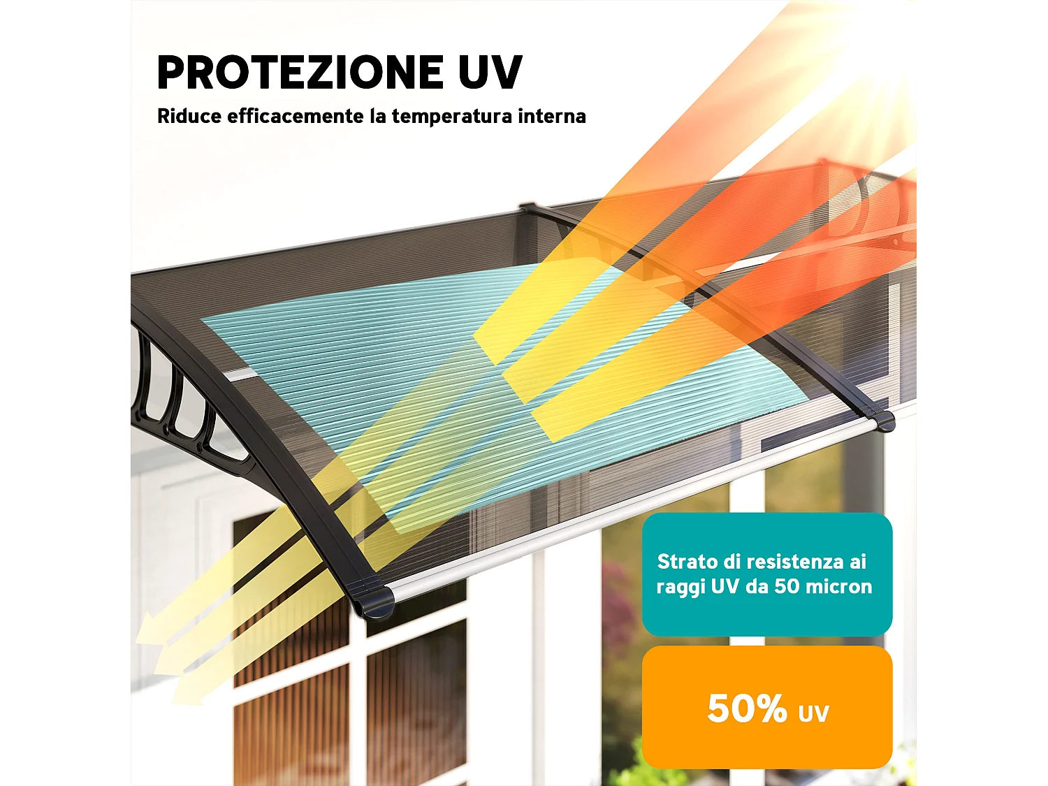 Pensilina da esterno in policarbonato 200x96x27cm marrone