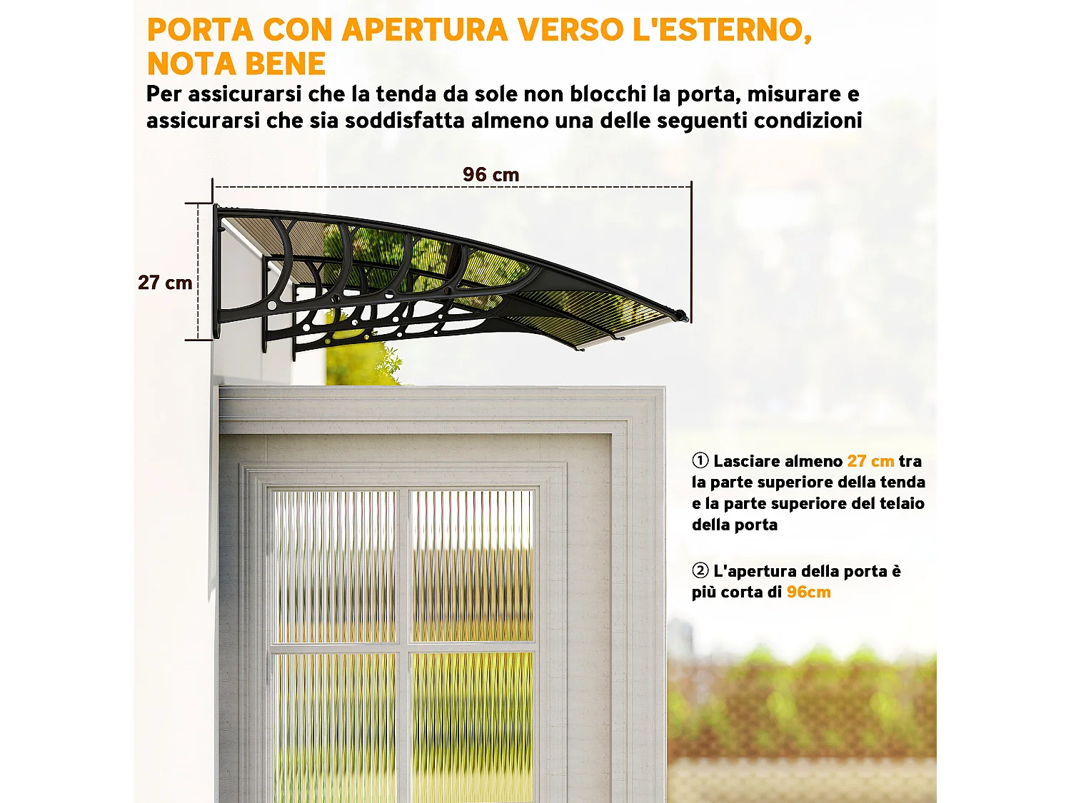 Pensilina da esterno in policarbonato 200x96x27cm marrone