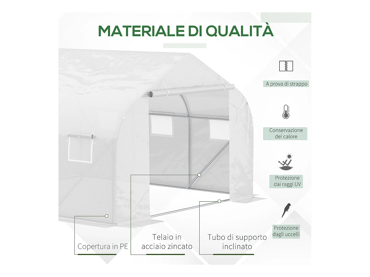 Serra a tunnel con 6 finestre a rete in metallo e pe 3.5x3 m bianca