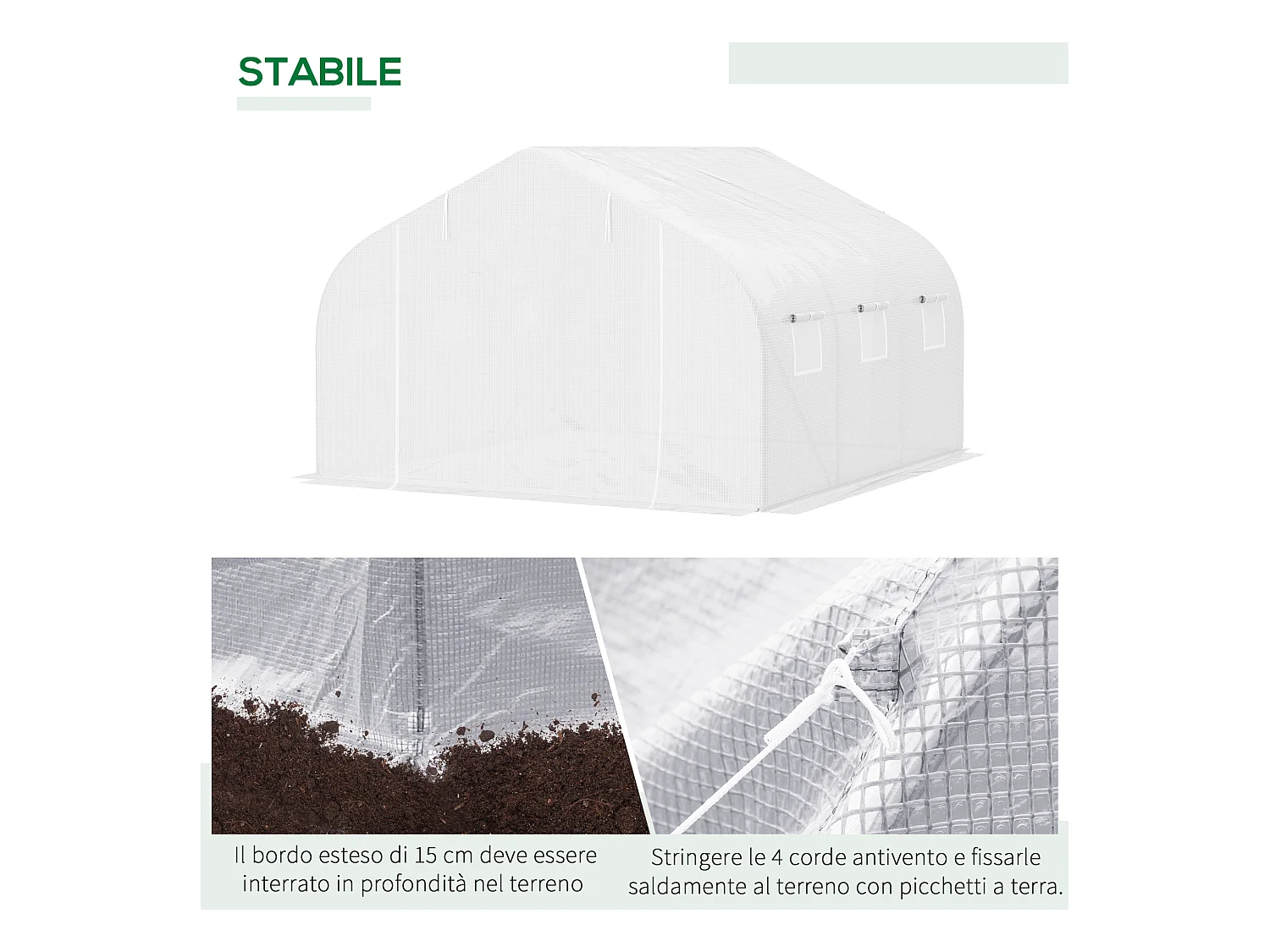 Serra a tunnel con 6 finestre a rete in metallo e pe 3.5x3 m bianca