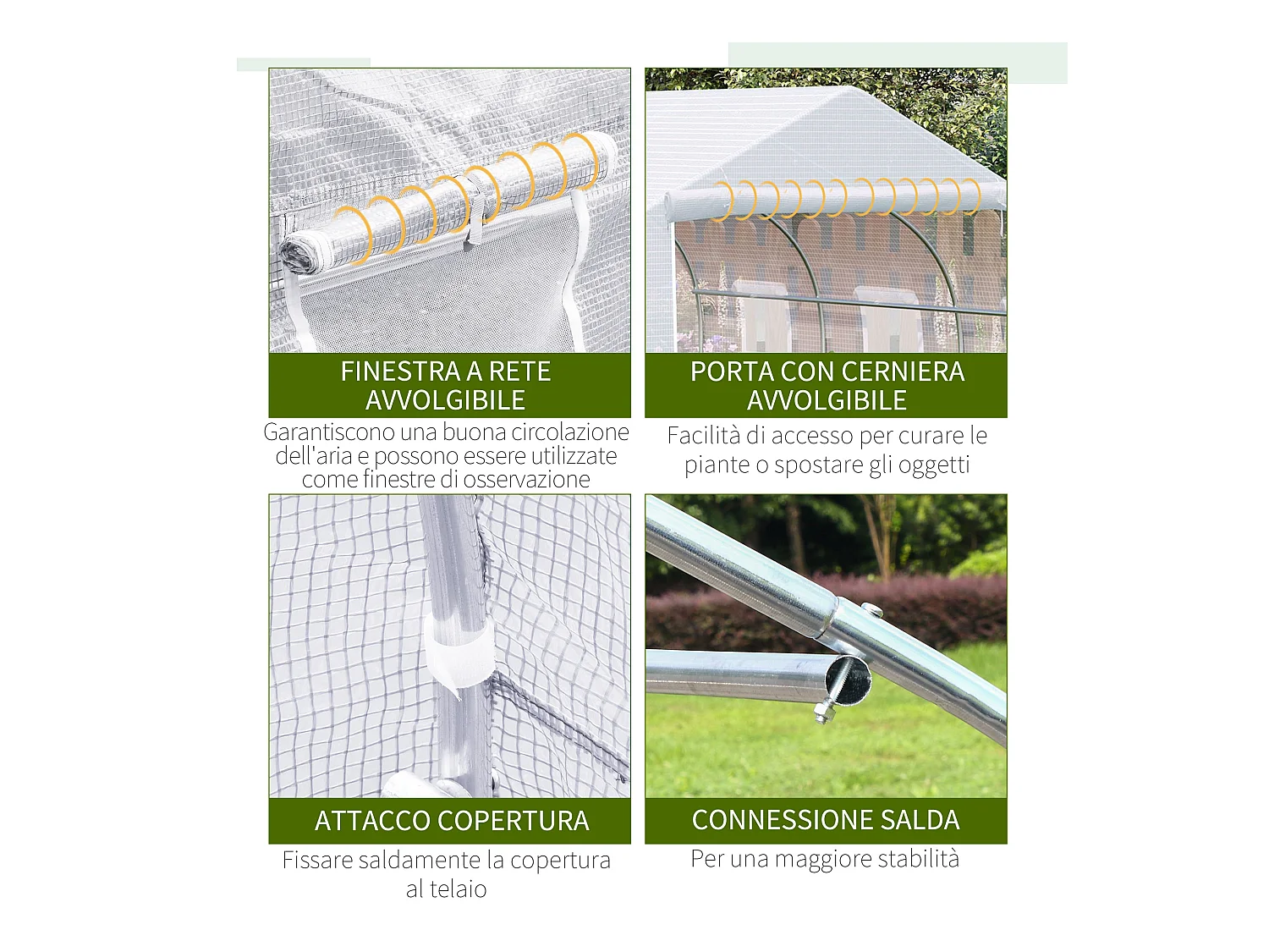 Serra a tunnel con 6 finestre a rete in metallo e pe 3.5x3 m bianca