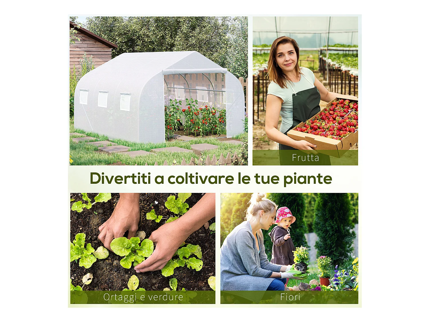 Serra a tunnel con 6 finestre a rete in metallo e pe 3.5x3 m bianca