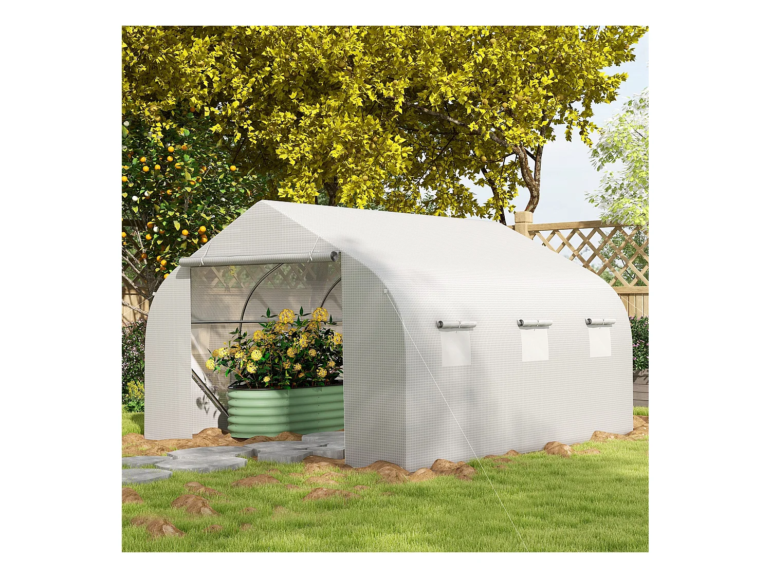 Serra a tunnel con 6 finestre a rete in metallo e pe 3.5x3 m bianca