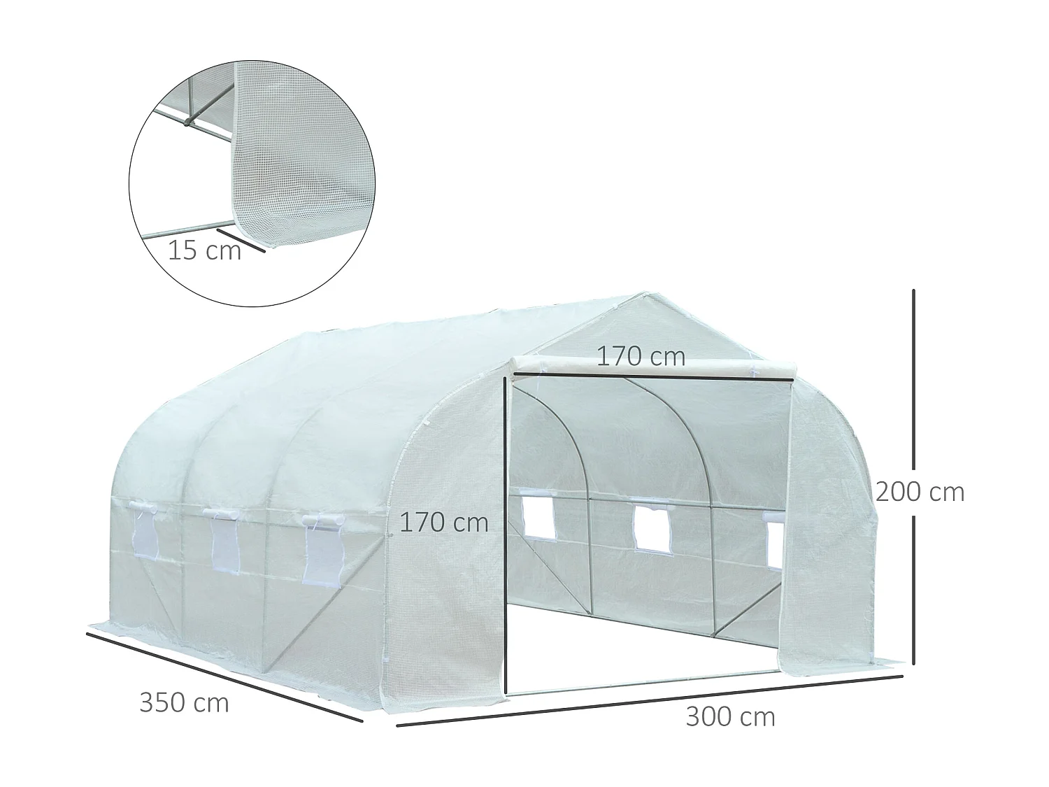 Serra a tunnel con 6 finestre a rete in metallo e pe 3.5x3 m bianca