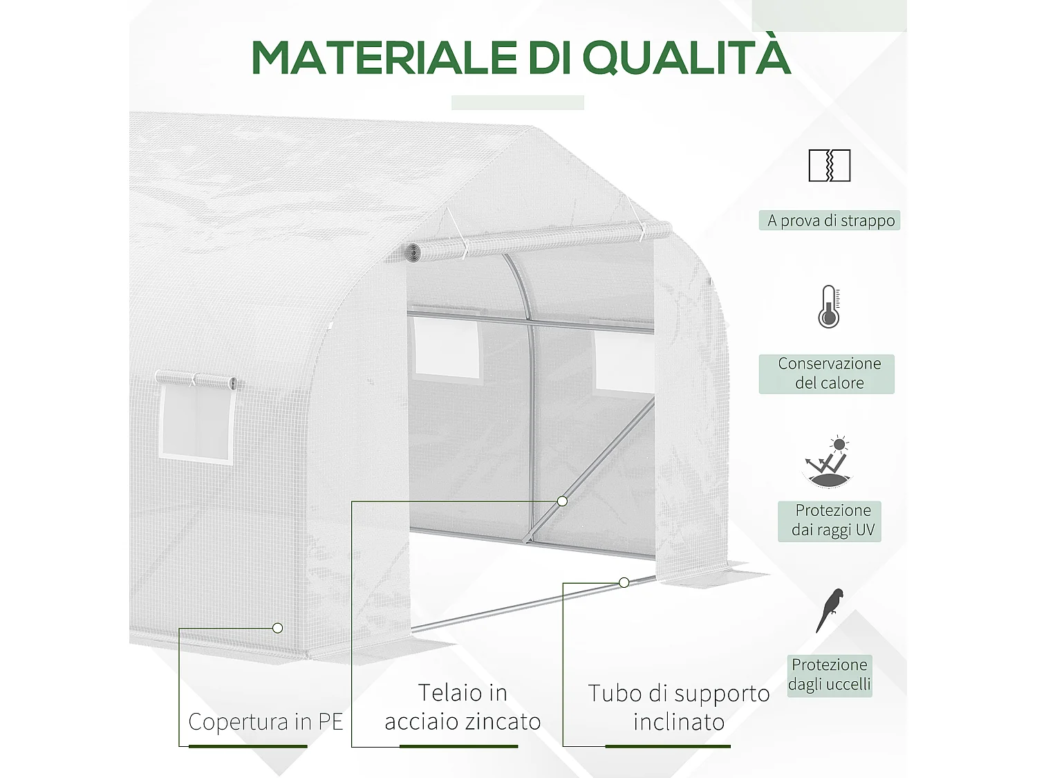 Serra a tunnel con 6 finestre a rete in metallo e pe 3.5x3 m bianca