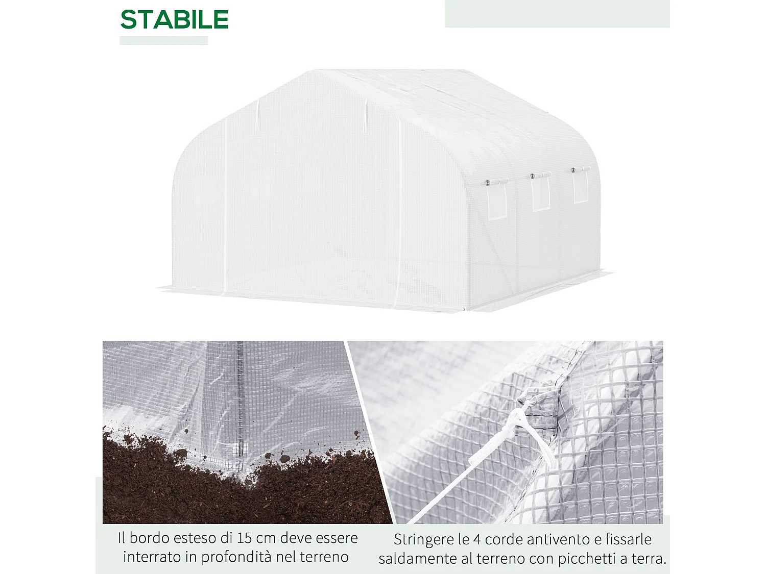 Serra a tunnel con 6 finestre a rete in metallo e pe 3.5x3 m bianca