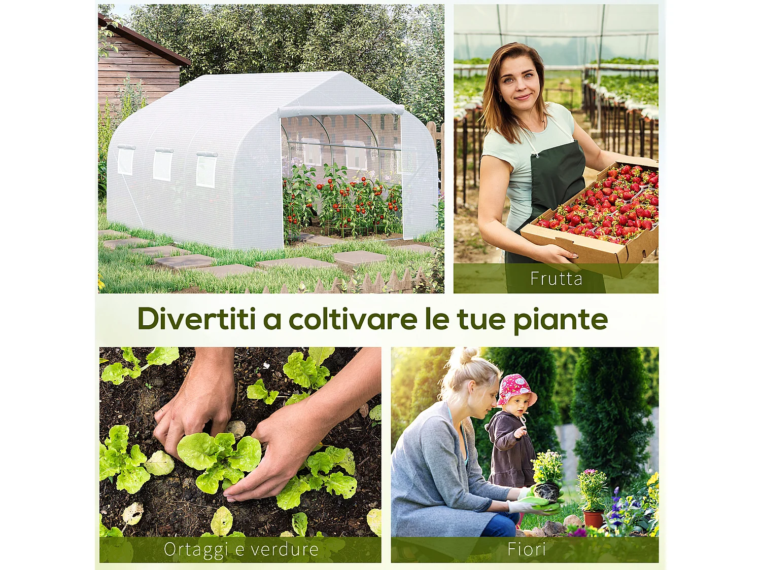 Serra a tunnel con 6 finestre a rete in metallo e pe 3.5x3 m bianca