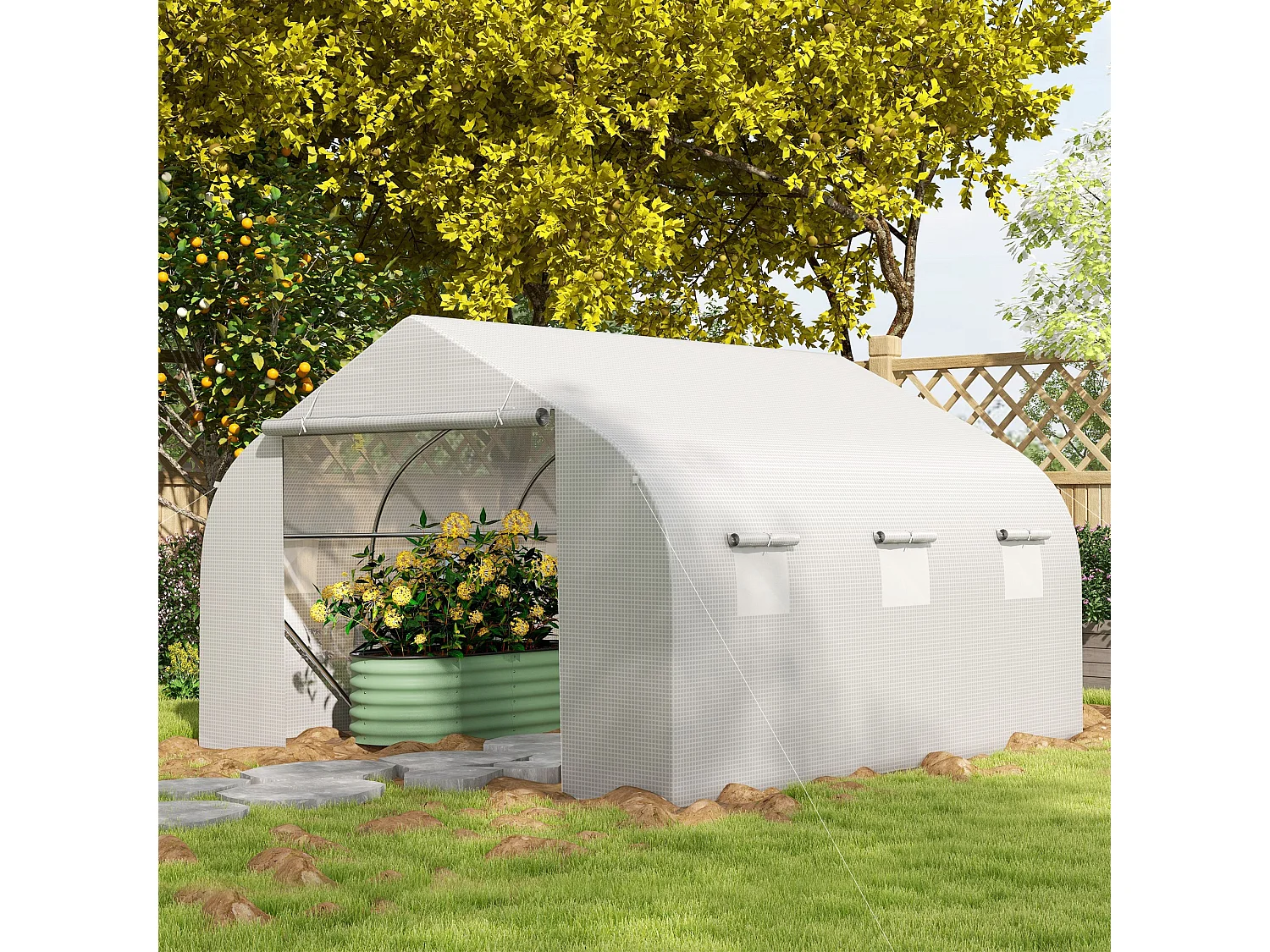 Serra a tunnel con 6 finestre a rete in metallo e pe 3.5x3 m bianca