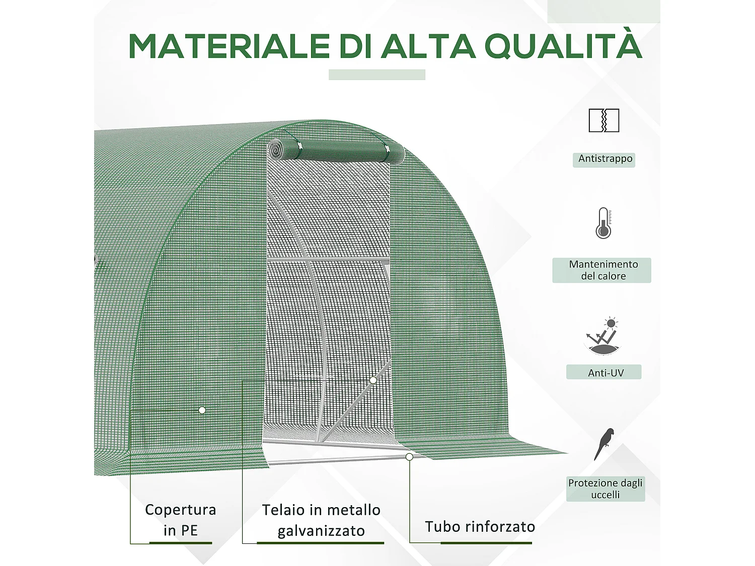 Serra a tunnel 4.5x3x2m con porta avvolgibile e 6 finestre