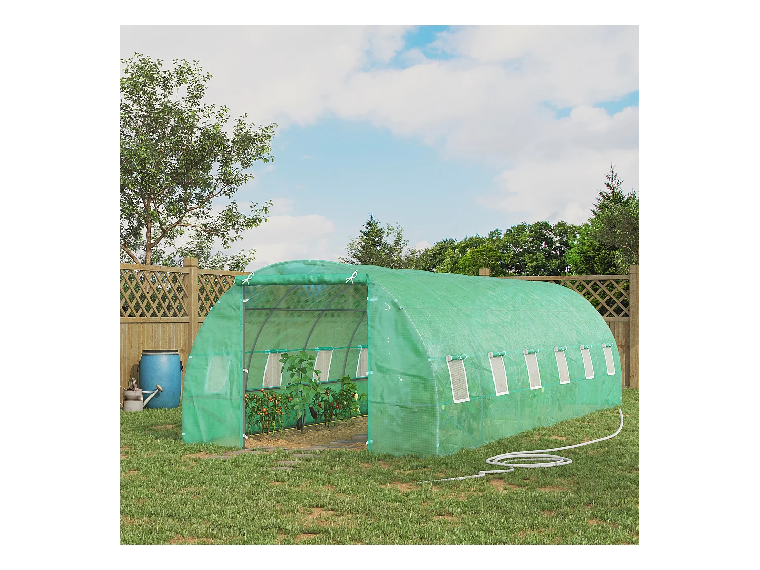 Serra da giardino a tunnel con rivestimento in plastica verde