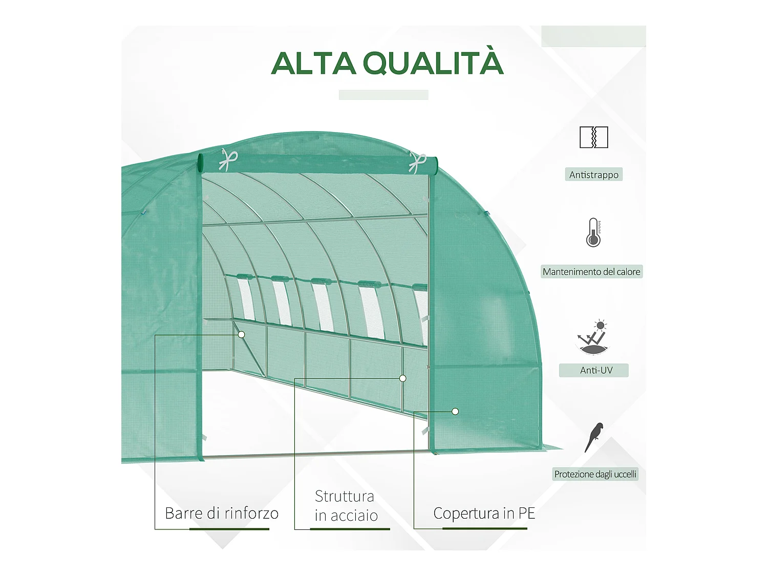 Serra da giardino a tunnel con rivestimento in plastica verde