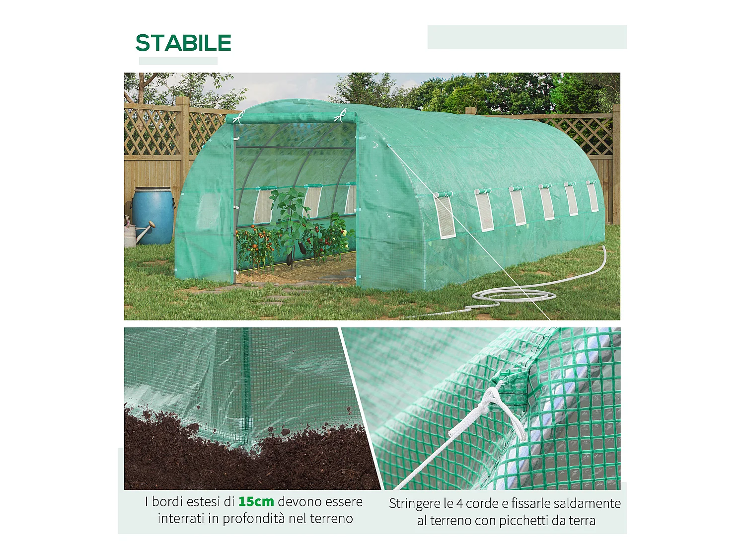 Serra da giardino a tunnel con rivestimento in plastica verde