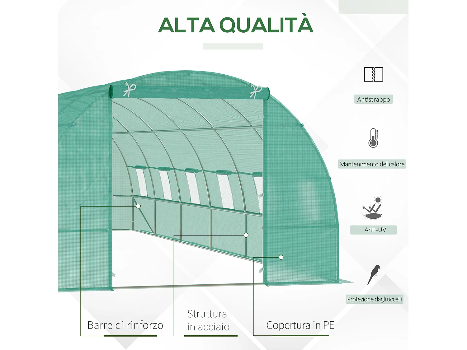 Serra da giardino a tunnel con rivestimento in plastica verde